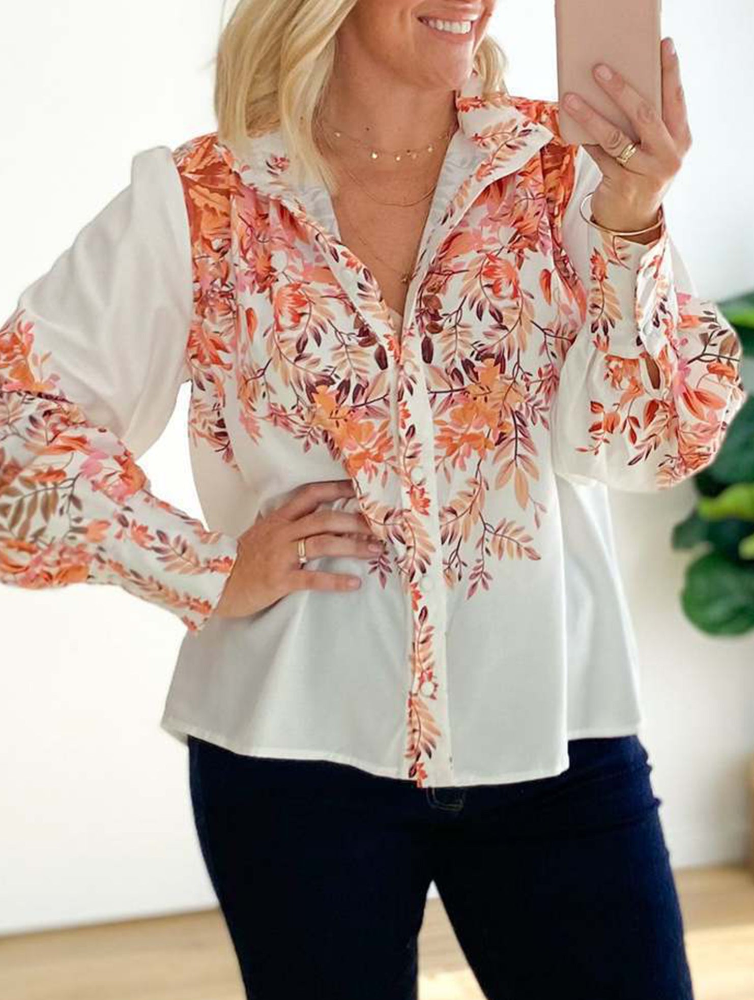 Women's Lantern Sleeve Printed Elegant Shirt_CWTBLL02020