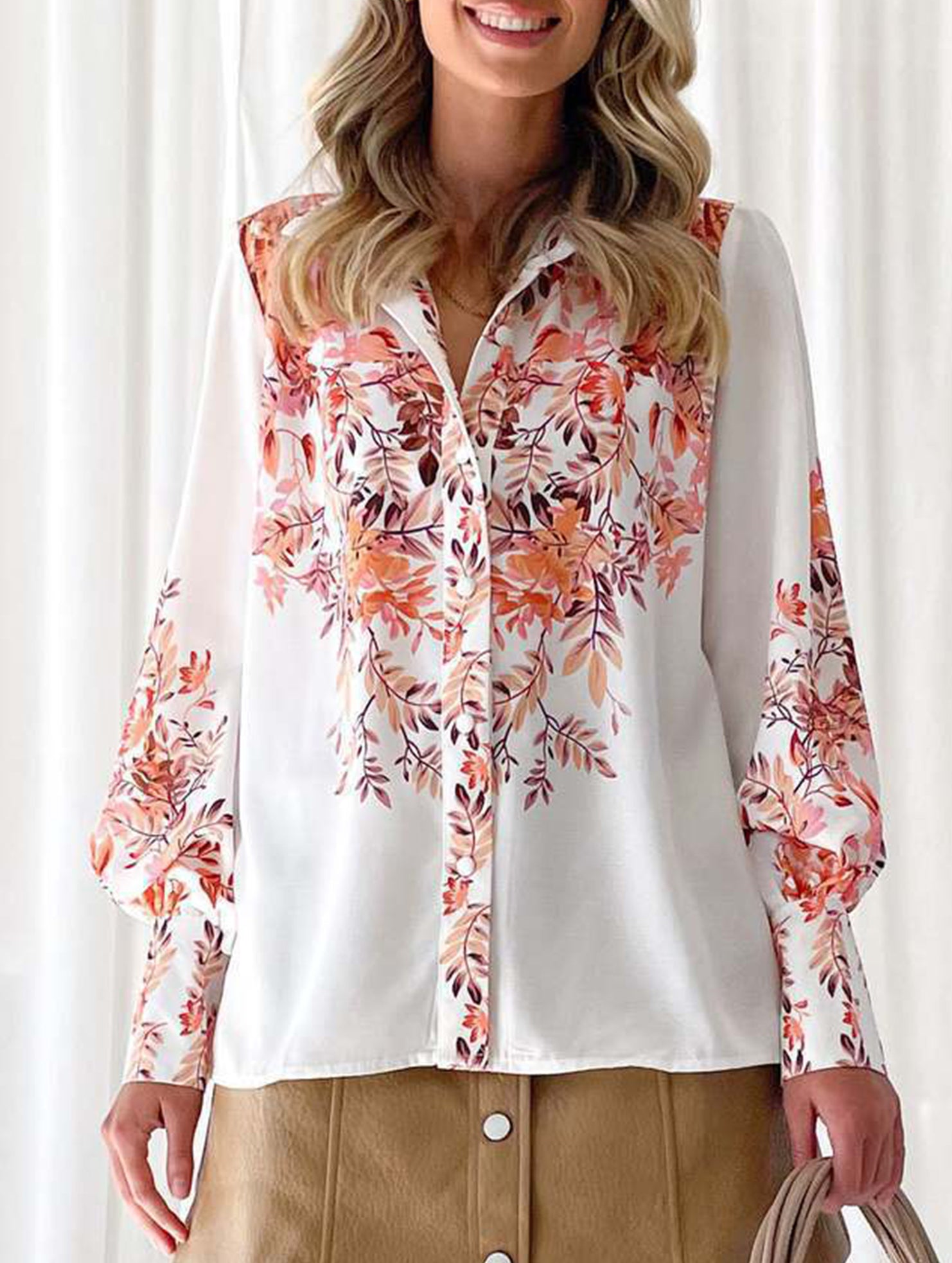 Women's Lantern Sleeve Printed Elegant Shirt_CWTBLL02020