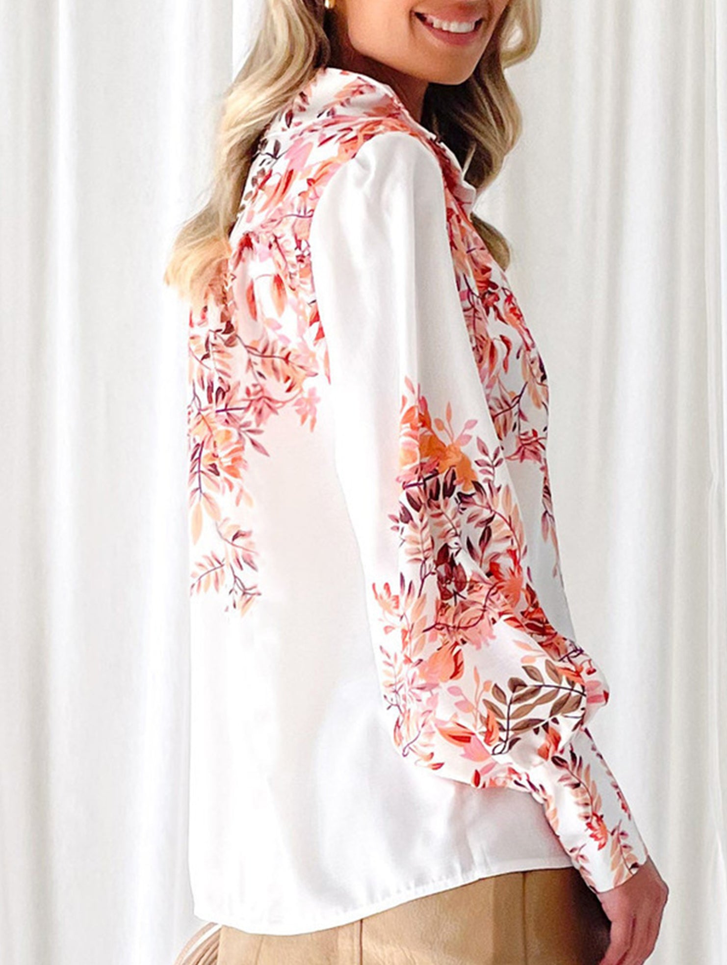Women's Lantern Sleeve Printed Elegant Shirt_CWTBLL02020