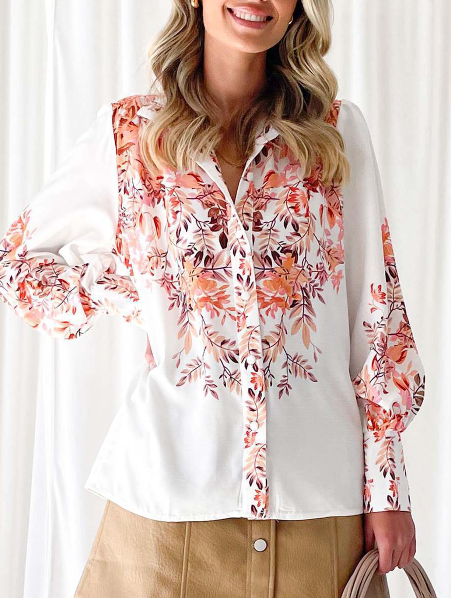 Women's Lantern Sleeve Printed Elegant Shirt_CWTBLL02020