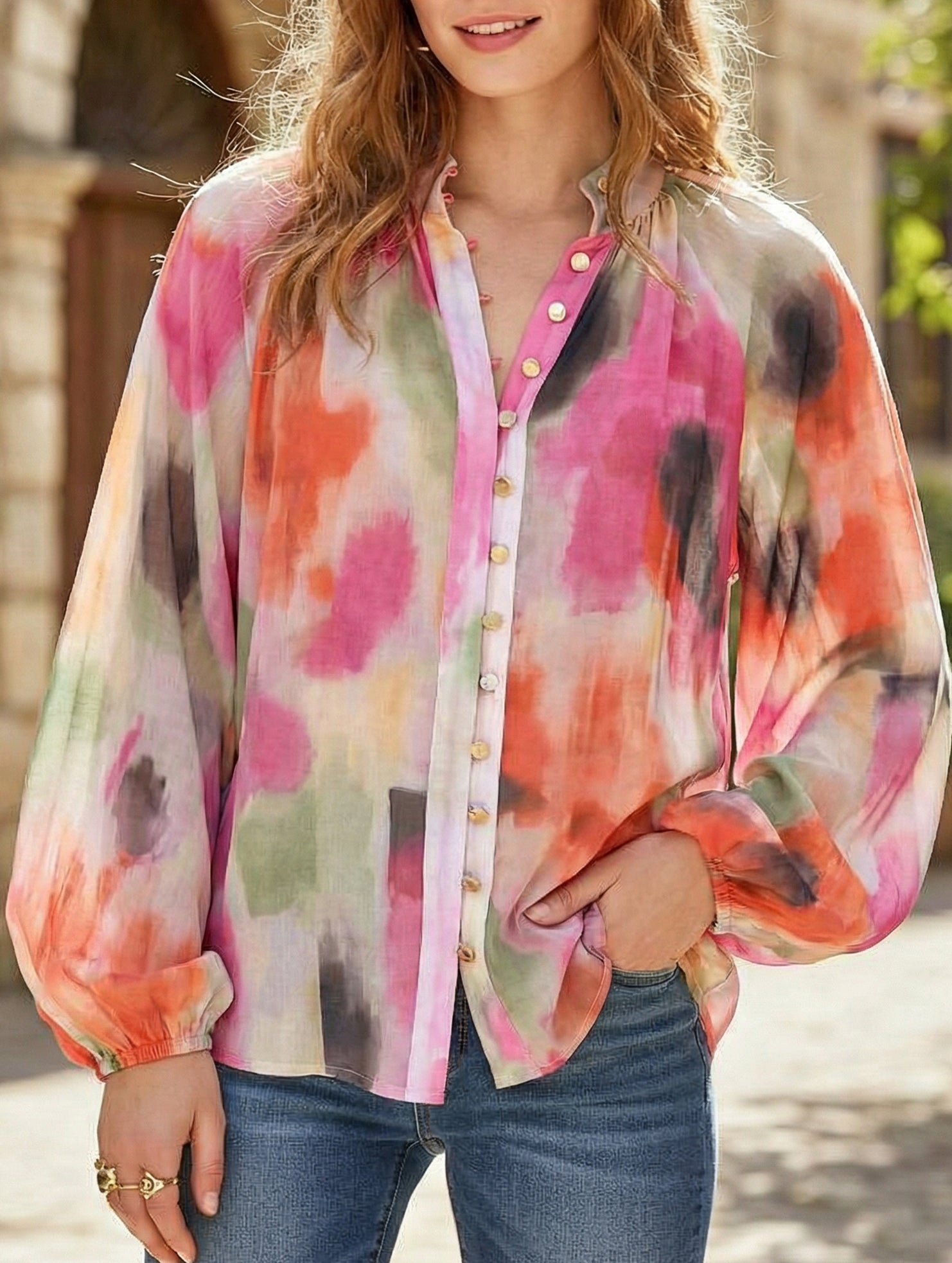 Stylish V-neck printed shirt for women_CWTBLL02022