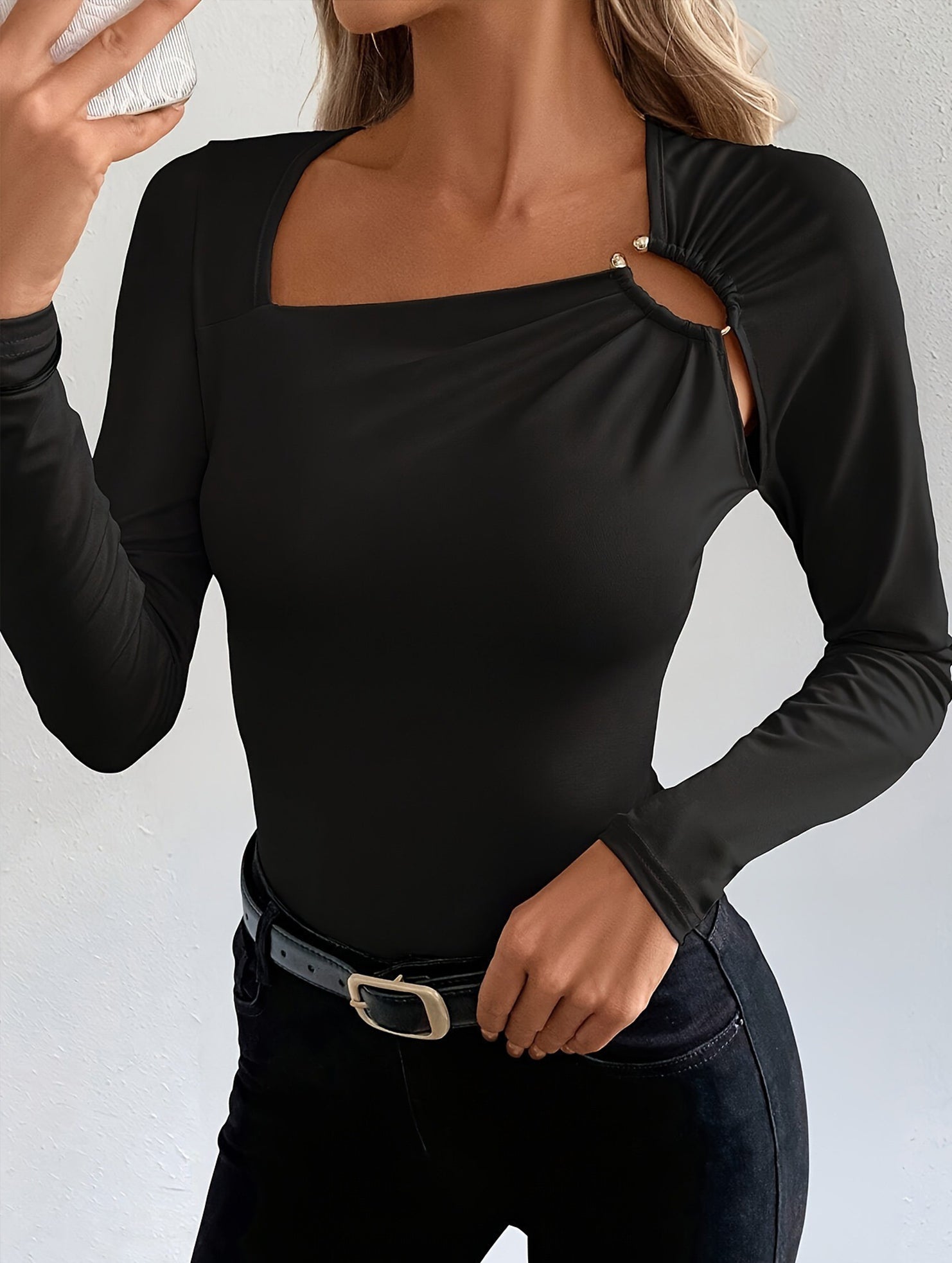 Versatile black openwork top_CWTBLL02024