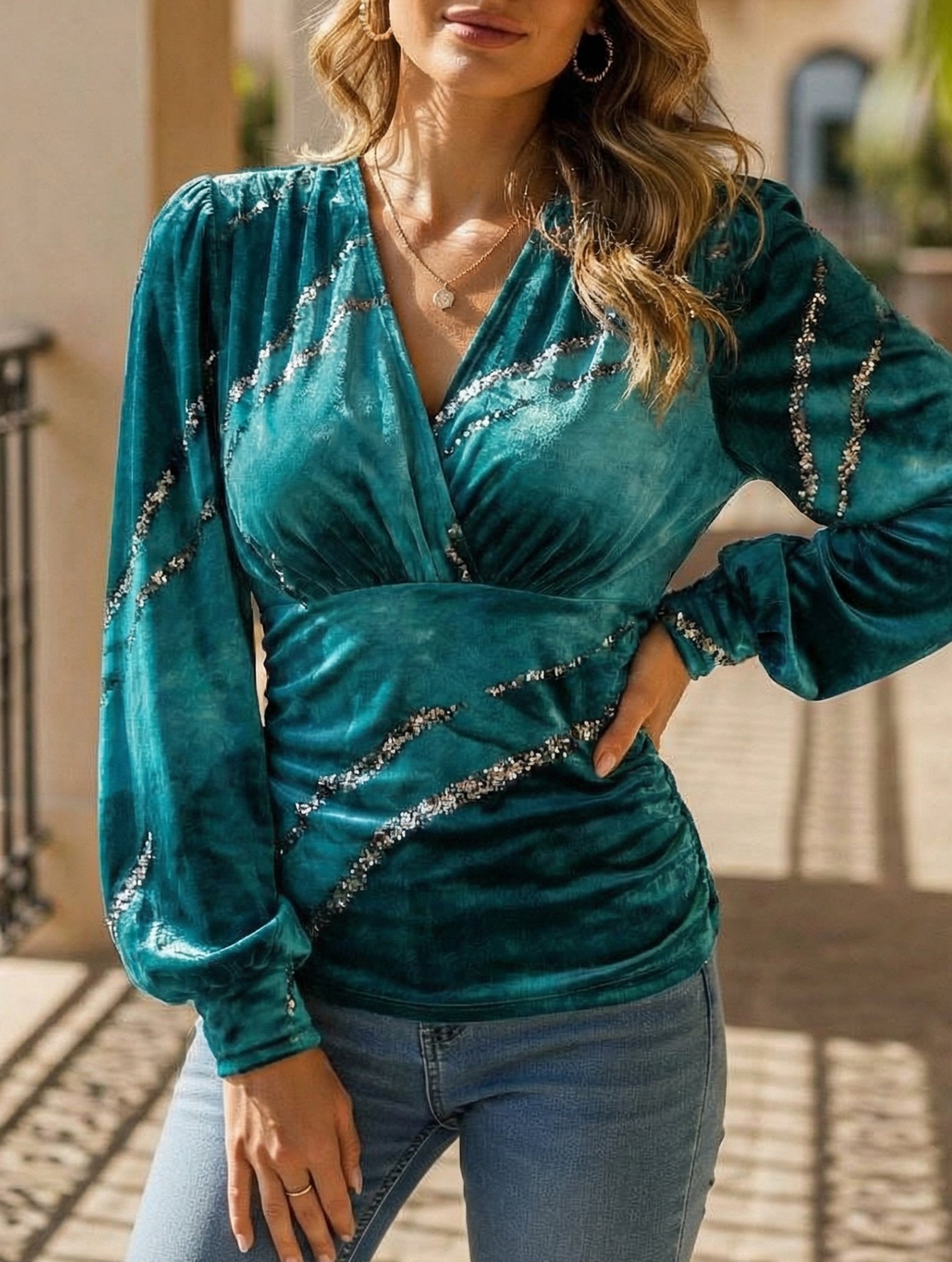 Autumn V Neck Printed Long Sleeve Shirt_CWTBLL02026