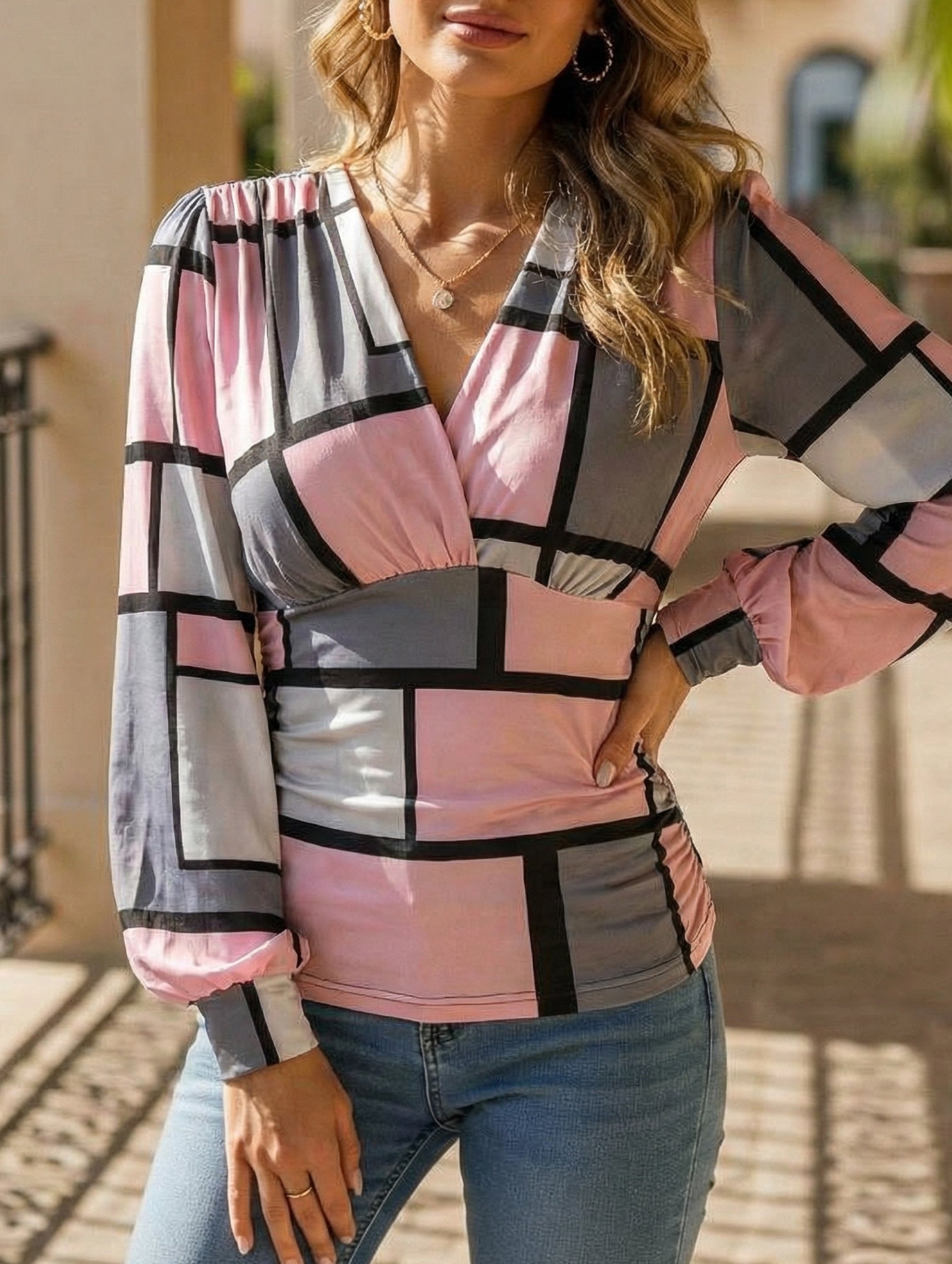 Autumn V Neck Printed Long Sleeve Shirt_CWTBLL02026