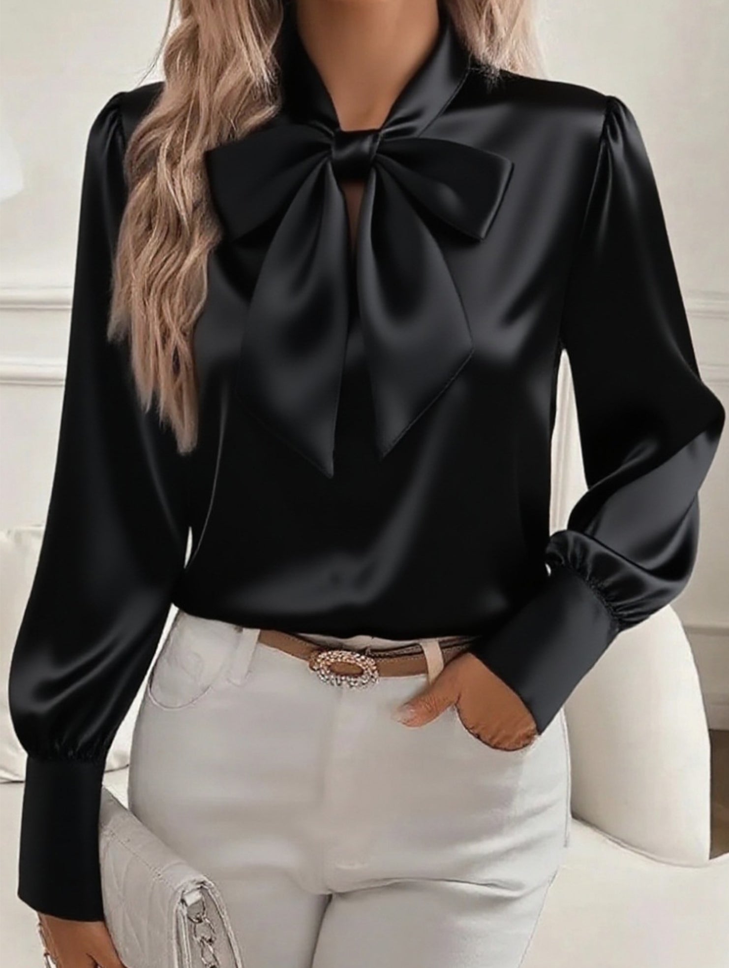 Satin Bow Tie Long Sleeve Blouse