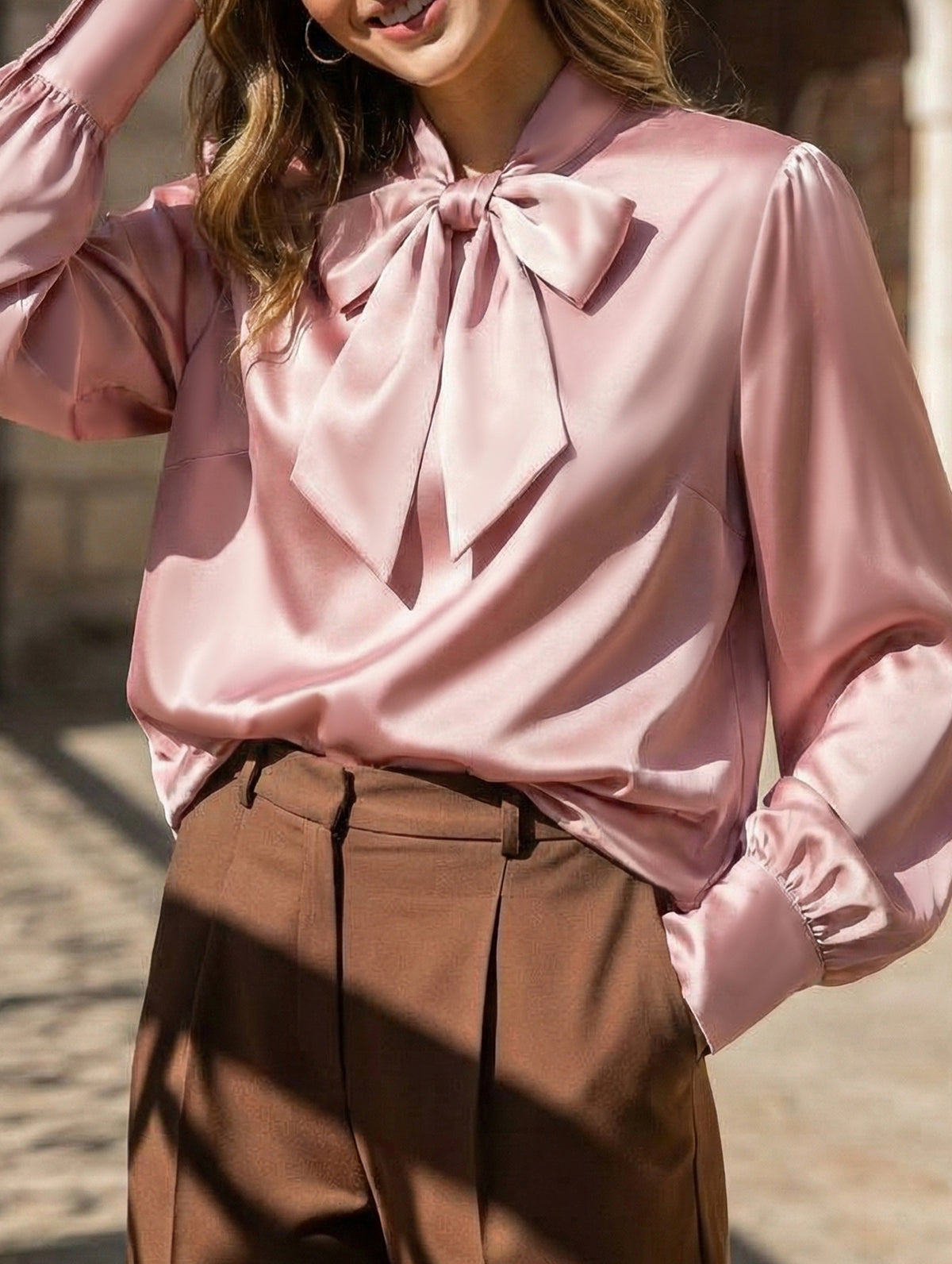 Satin Bow Tie Long Sleeve Blouse