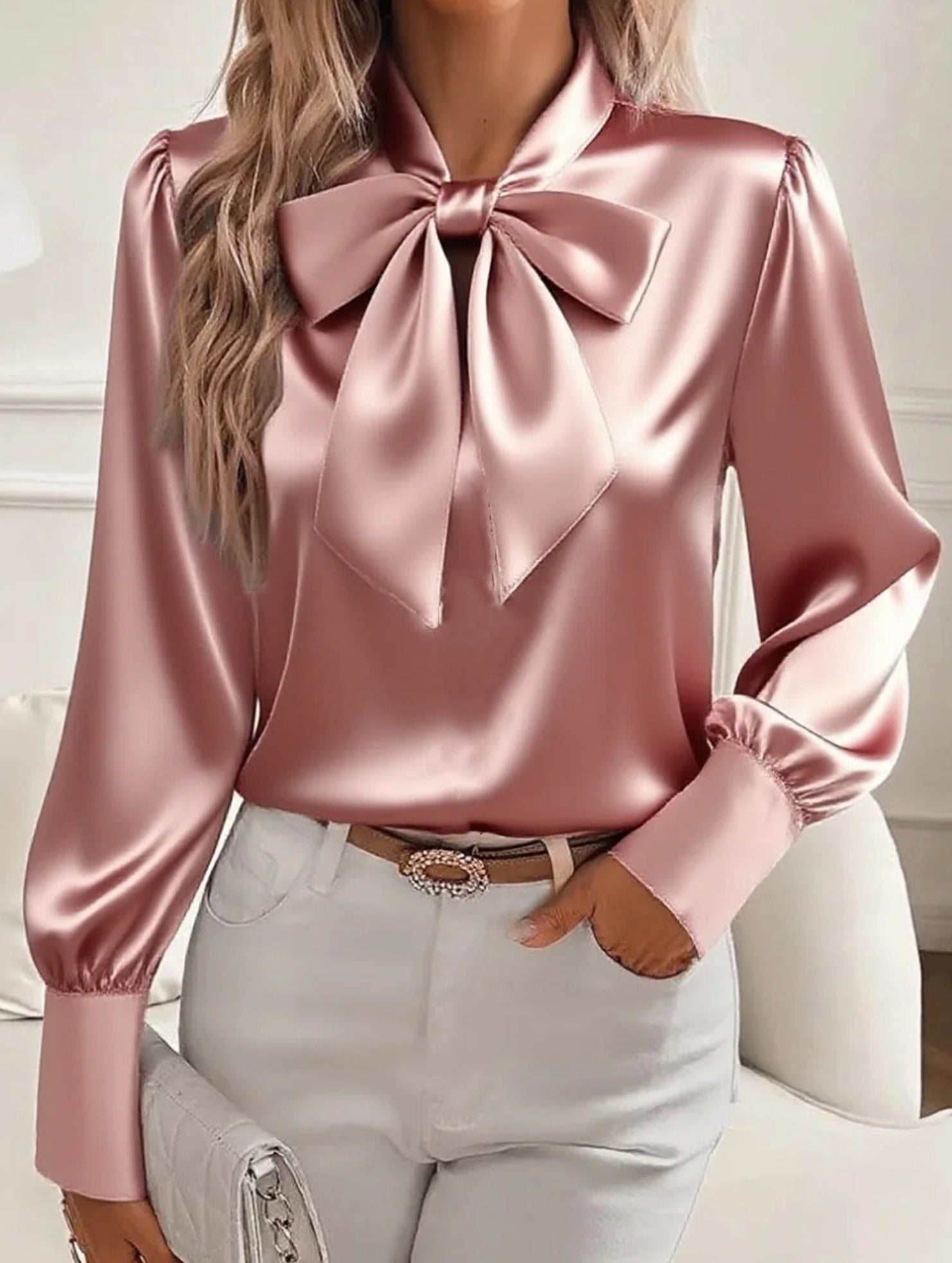 Satin Bow Tie Long Sleeve Blouse