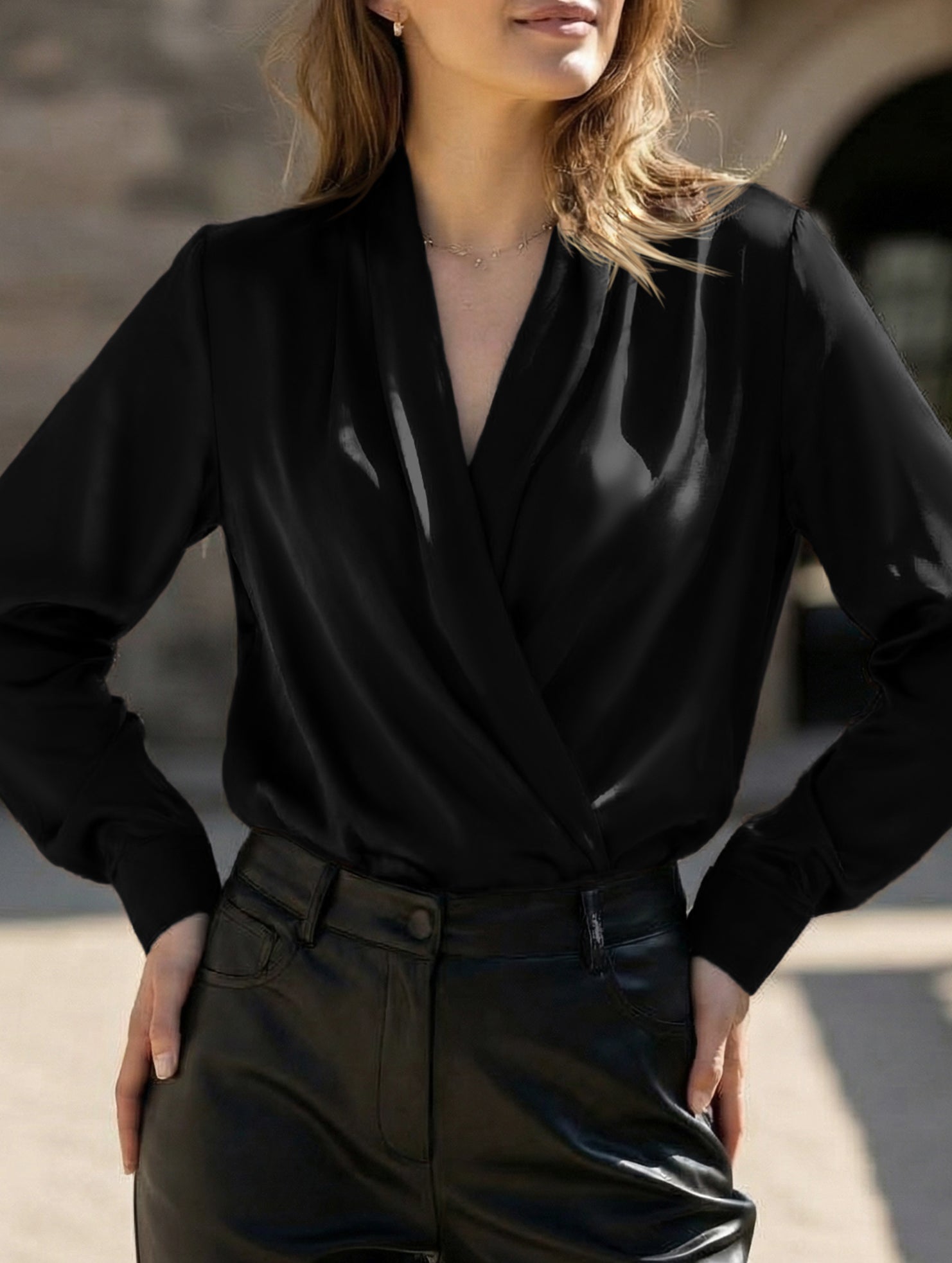 Satin V Neck Office Style Blouse