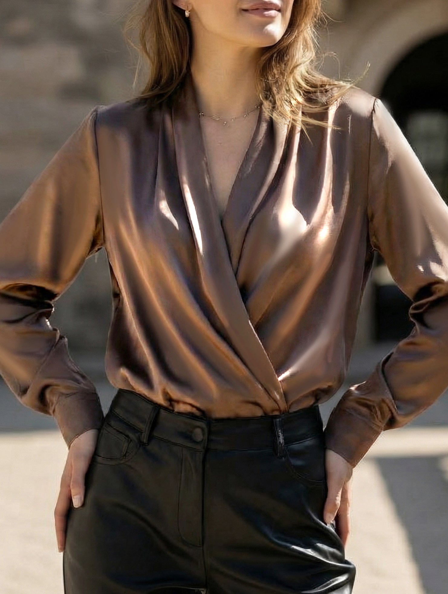 Satin V Neck Office Style Blouse