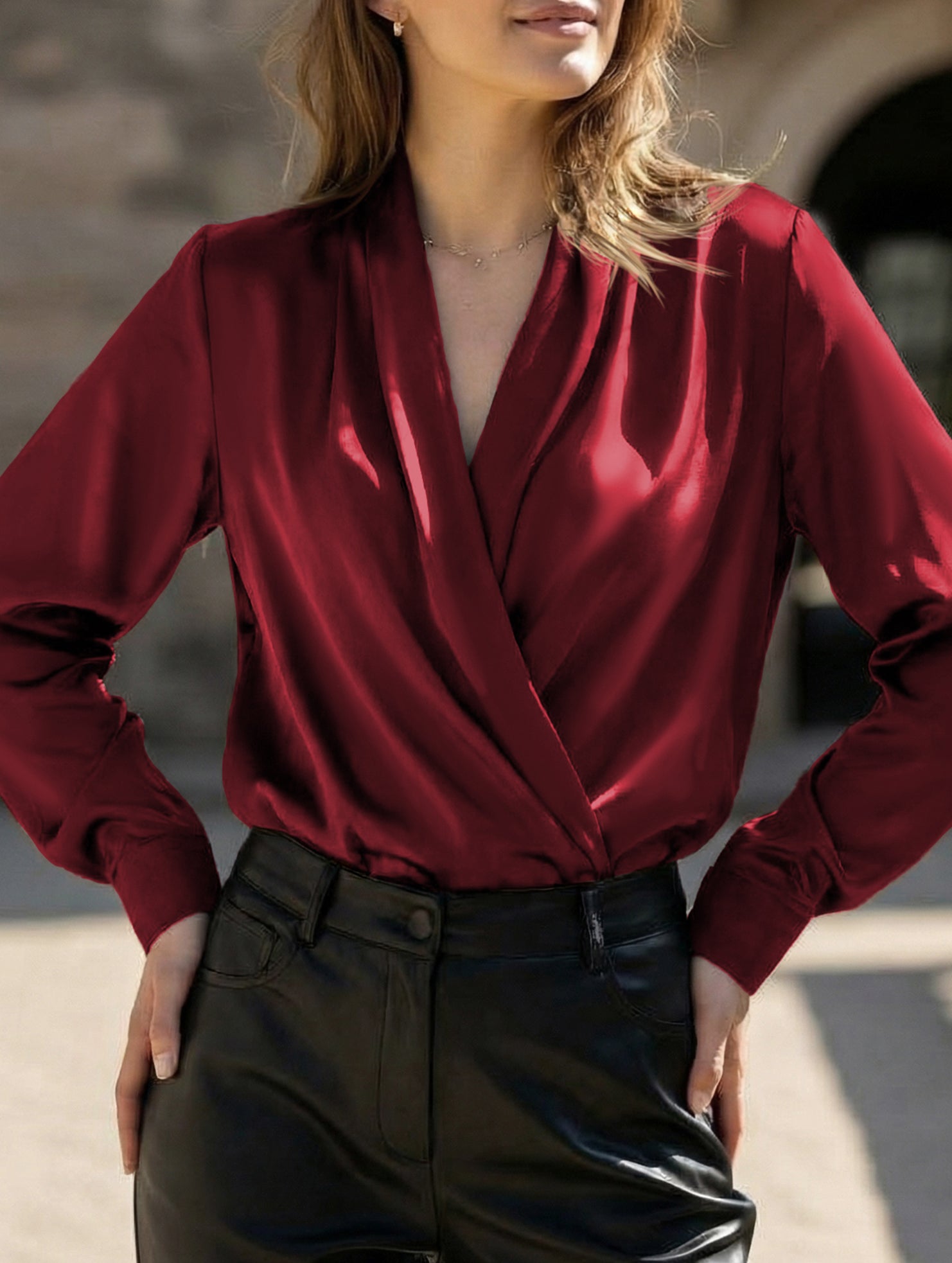 Satin V Neck Office Style Blouse