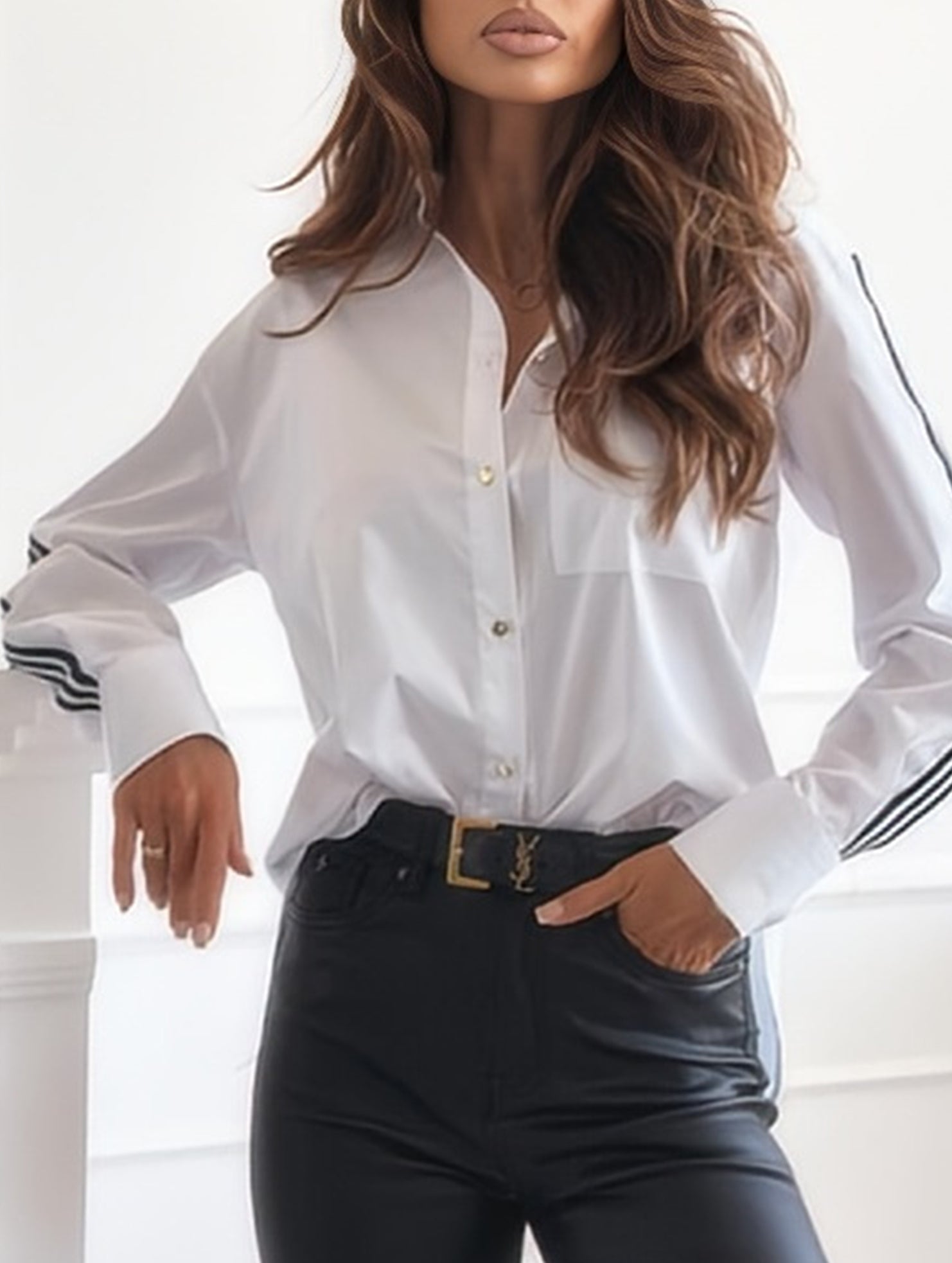 Turn Down Collar Stripe Long Sleeve Shirt_CWTBLL02030