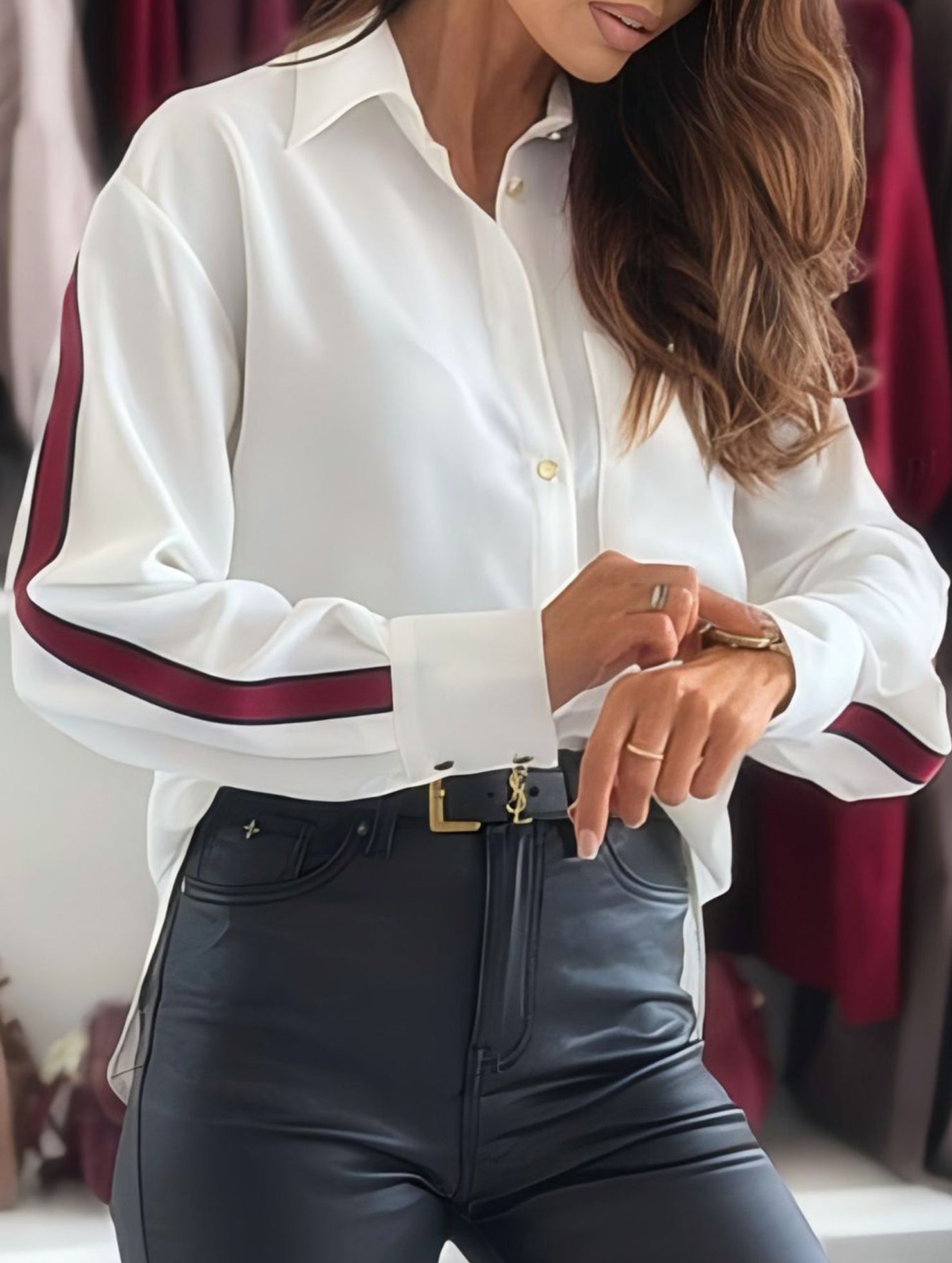 Turn Down Collar Stripe Long Sleeve Shirt_CWTBLL02030