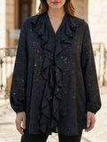 Gold-flecked ruffled loose V-neck long-sleeved shirt_CWTBLL02033