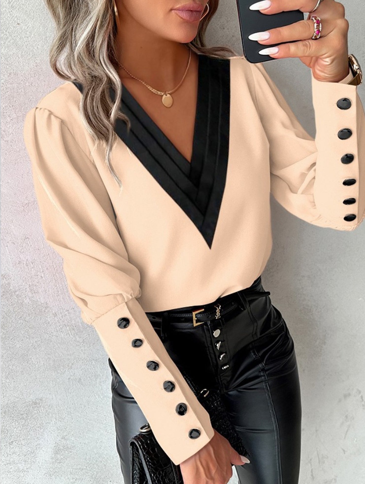 Solid Color V-Neck Button Long Sleeve Shirt_CWTBLL02042