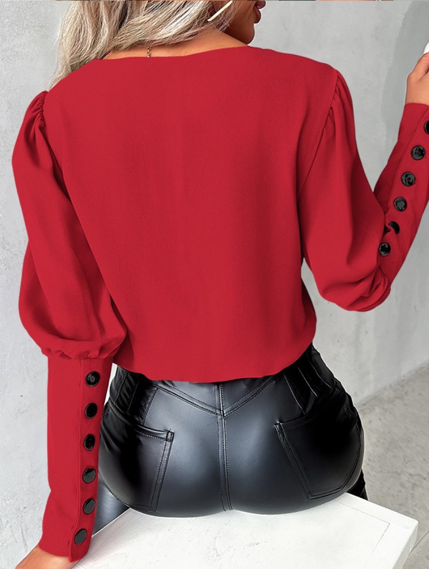 Solid Color V-Neck Button Long Sleeve Shirt_CWTBLL02042