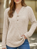 Solid color V-neck button loose hooded knit top_CWTBLL02049