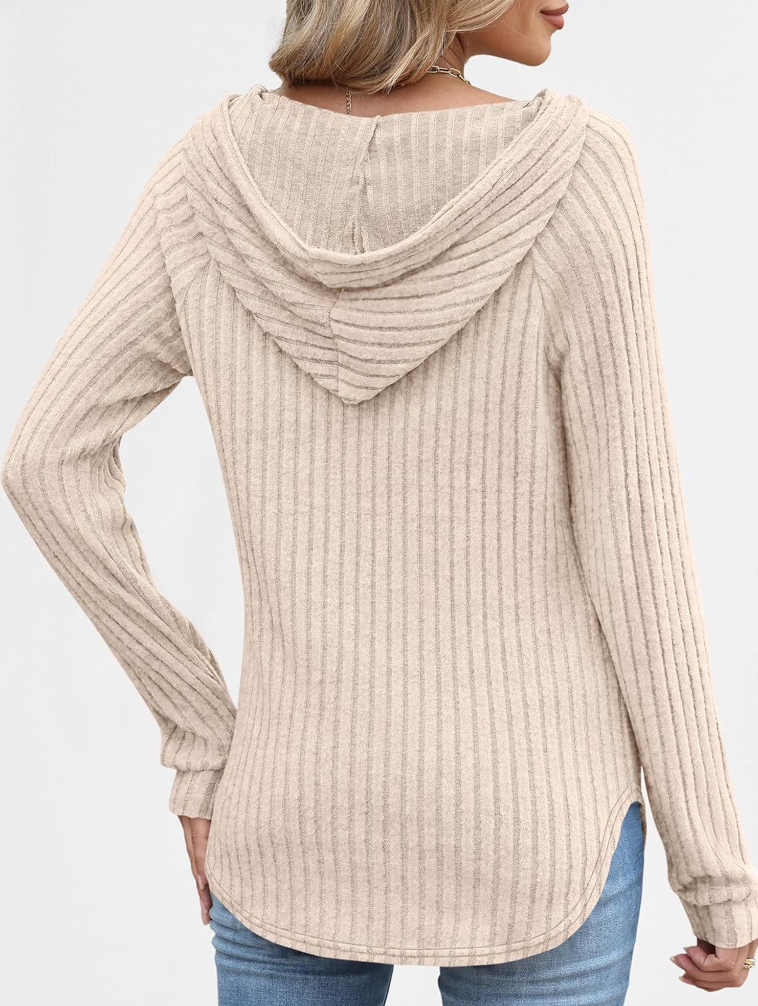Solid color V-neck button loose hooded knit top_CWTBLL02049