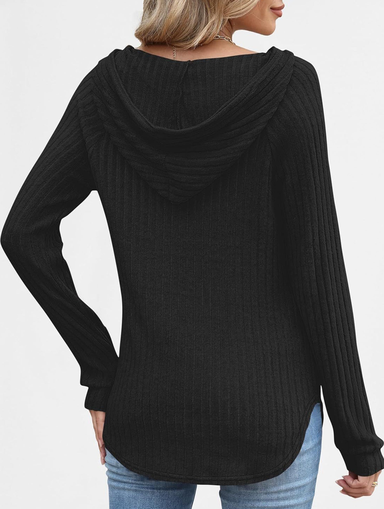 Solid color V-neck button loose hooded knit top_CWTBLL02049