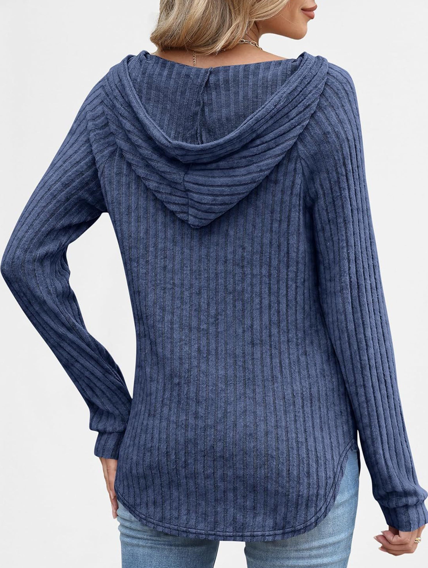 Solid color V-neck button loose hooded knit top_CWTBLL02049