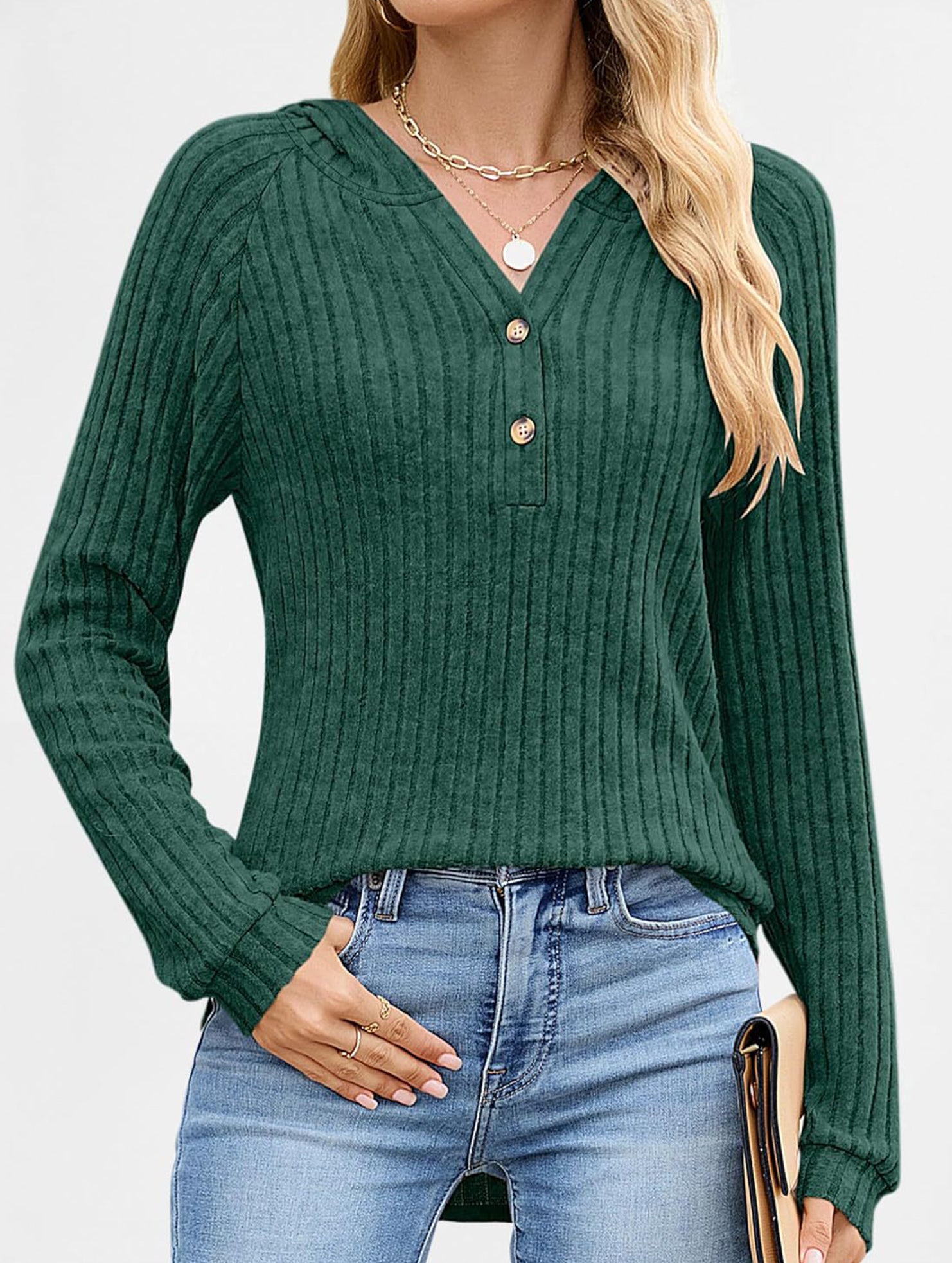 Solid color V-neck button loose hooded knit top_CWTBLL02049