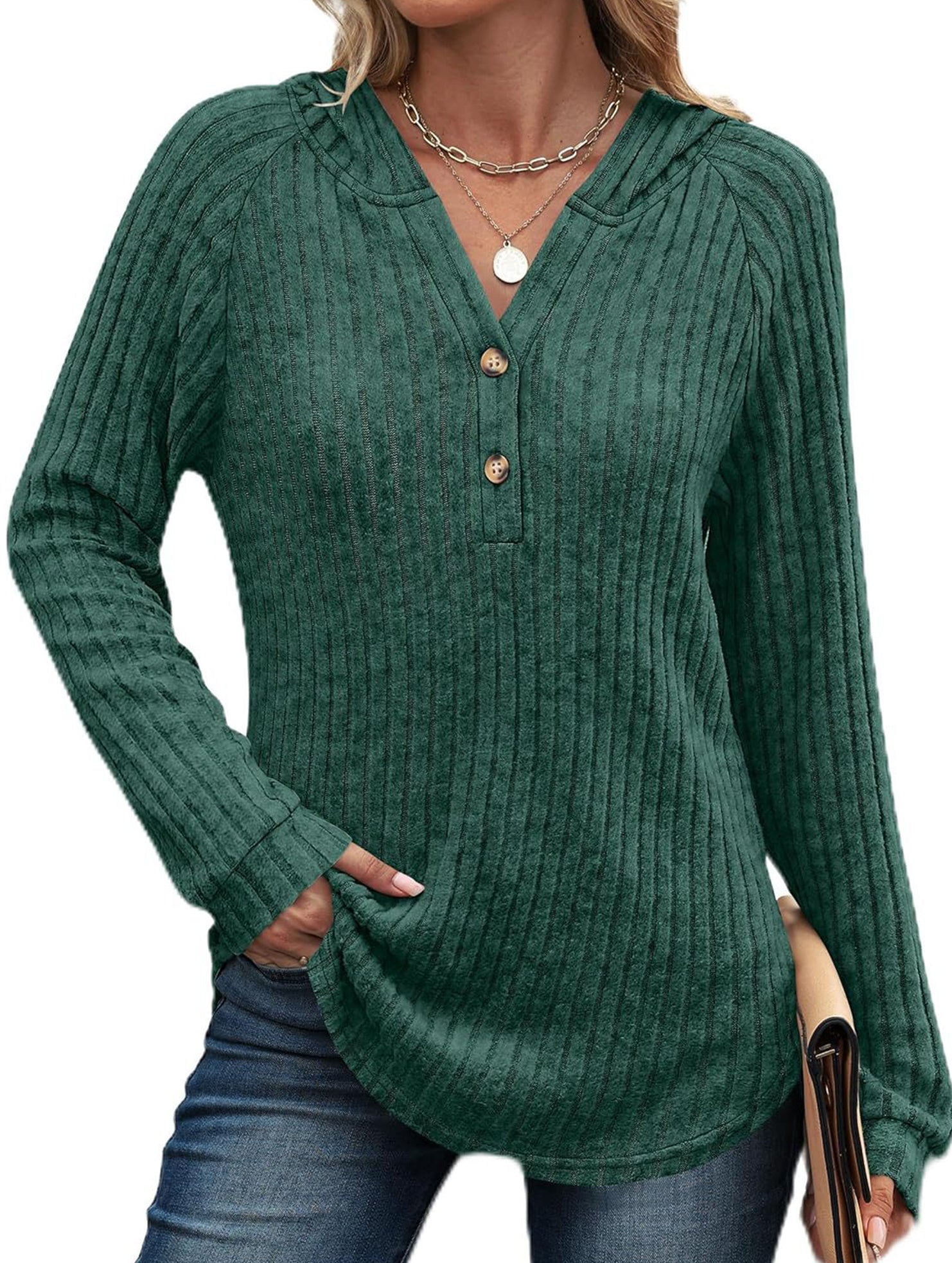 Solid color V-neck button loose hooded knit top_CWTBLL02049