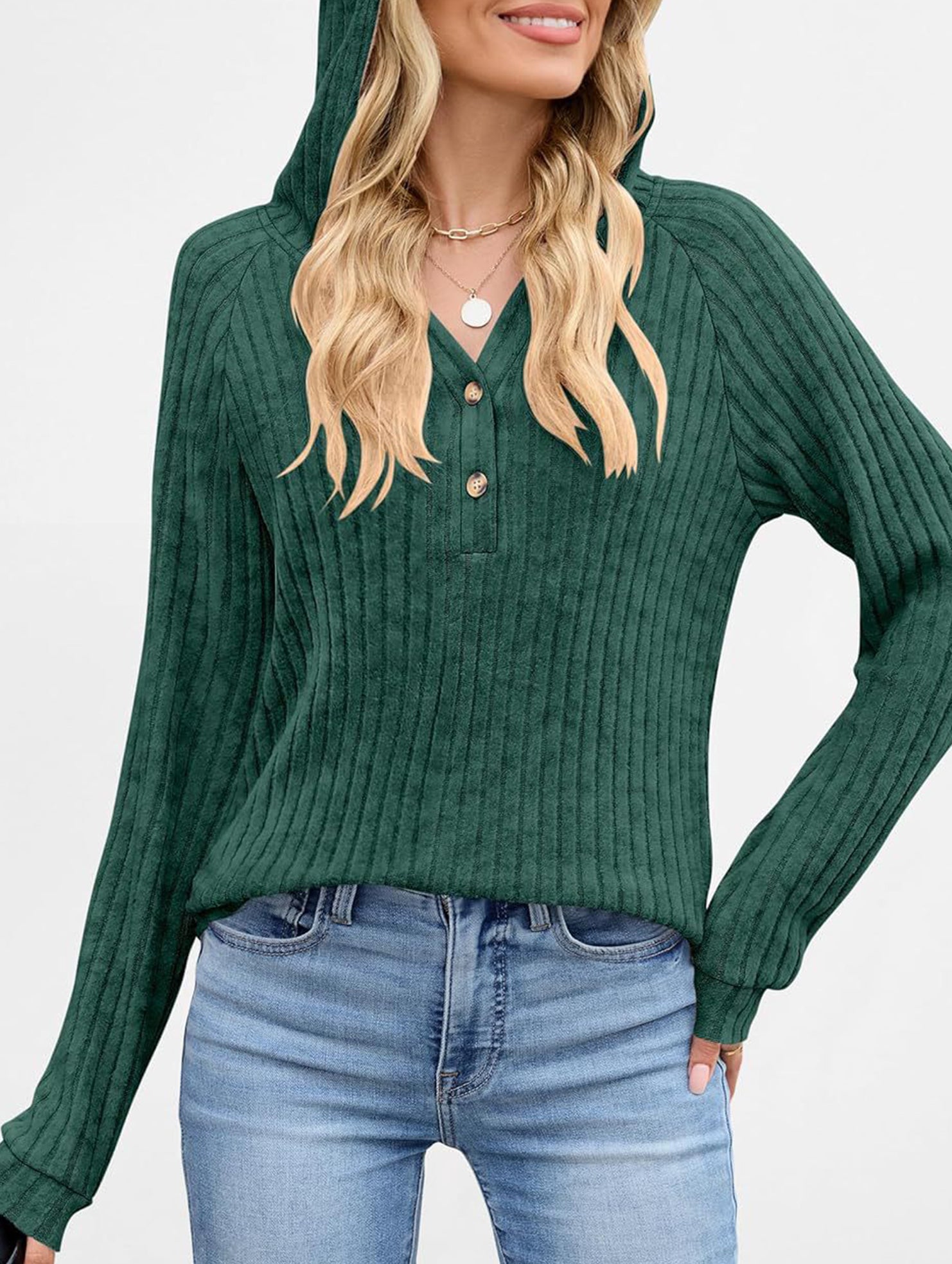 Solid color V-neck button loose hooded knit top_CWTBLL02049
