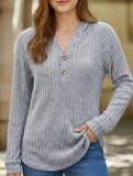 Solid color V-neck button loose hooded knit top_CWTBLL02049