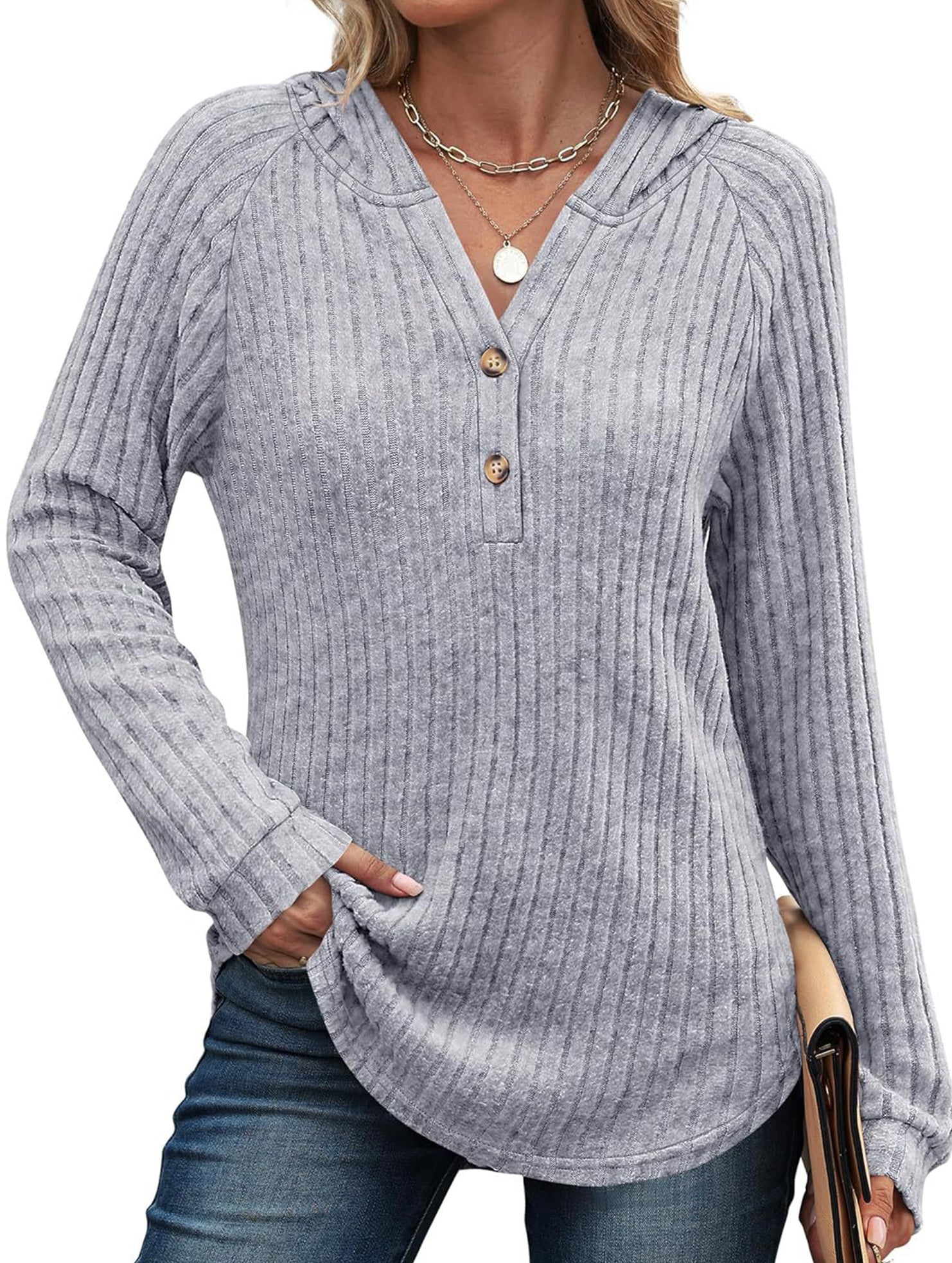 Solid color V-neck button loose hooded knit top_CWTBLL02049