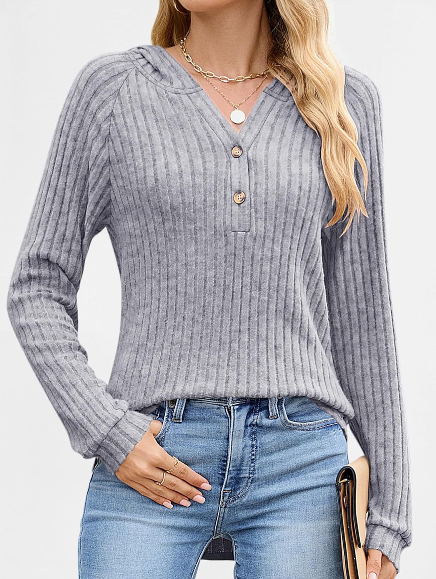 Solid color V-neck button loose hooded knit top_CWTBLL02049
