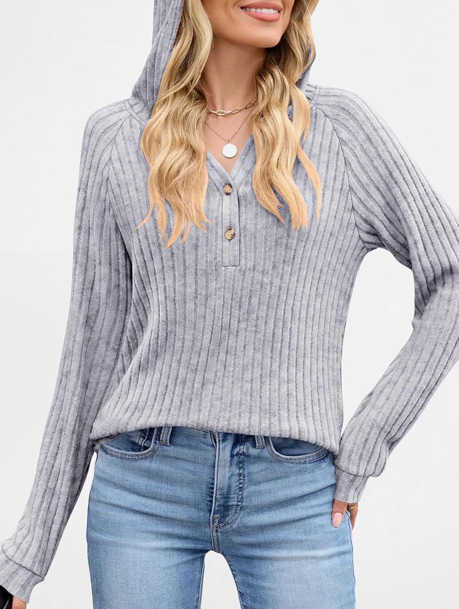 Solid color V-neck button loose hooded knit top_CWTBLL02049