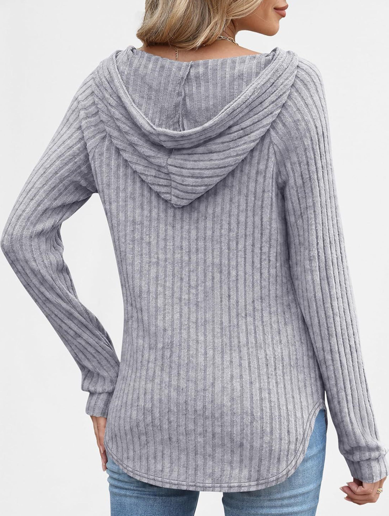 Solid color V-neck button loose hooded knit top_CWTBLL02049