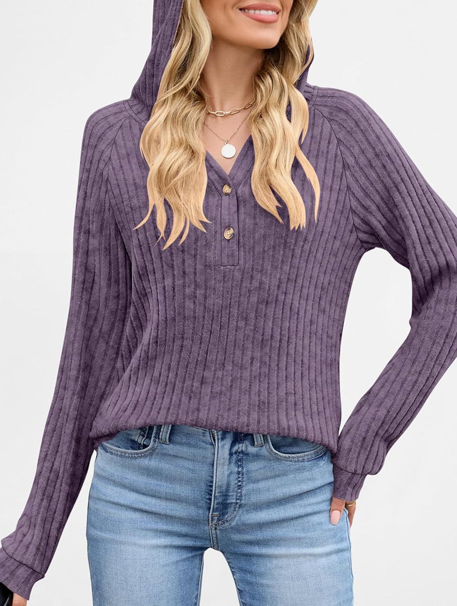 Solid color V-neck button loose hooded knit top_CWTBLL02049