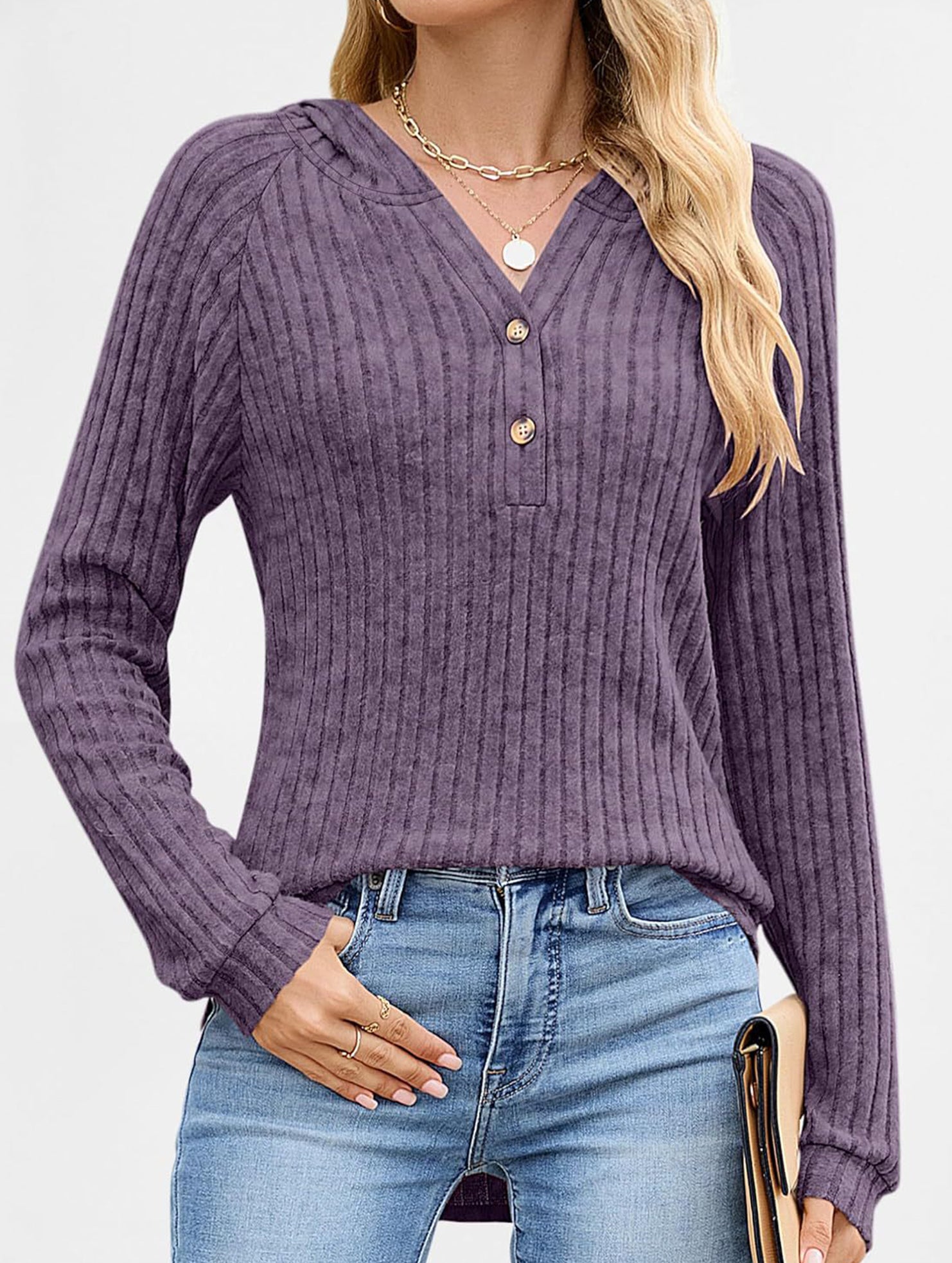 Solid color V-neck button loose hooded knit top_CWTBLL02049