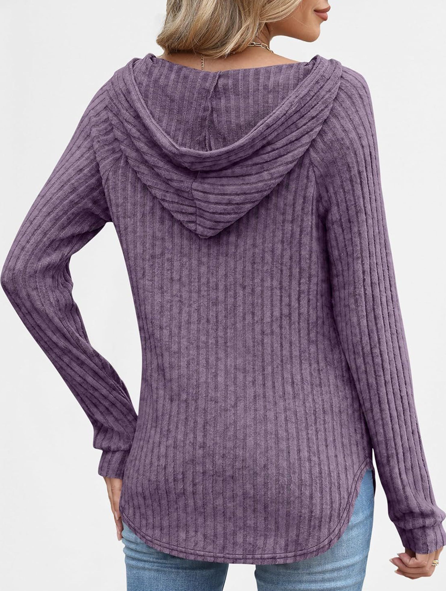 Solid color V-neck button loose hooded knit top_CWTBLL02049