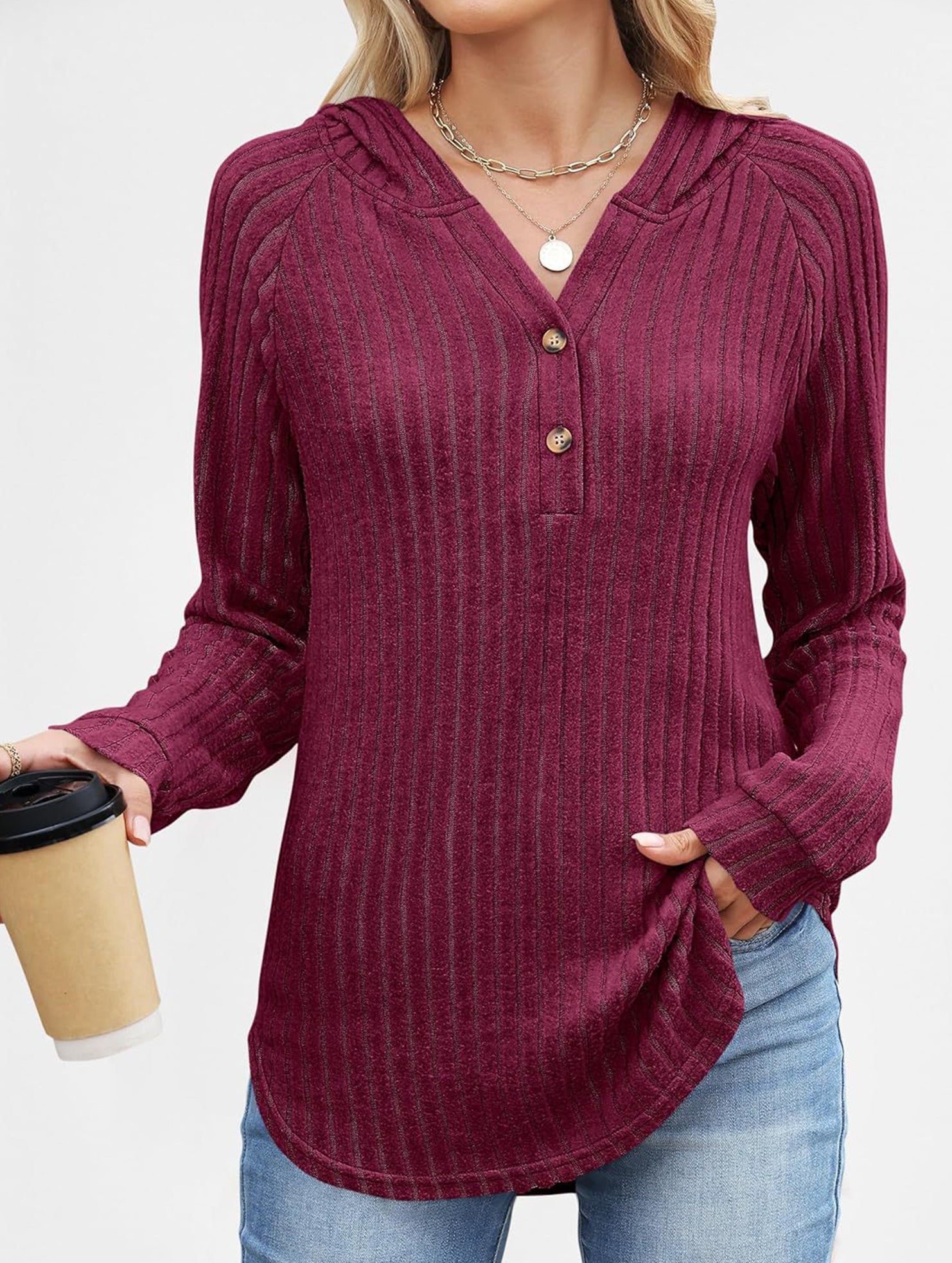 Solid color V-neck button loose hooded knit top_CWTBLL02049