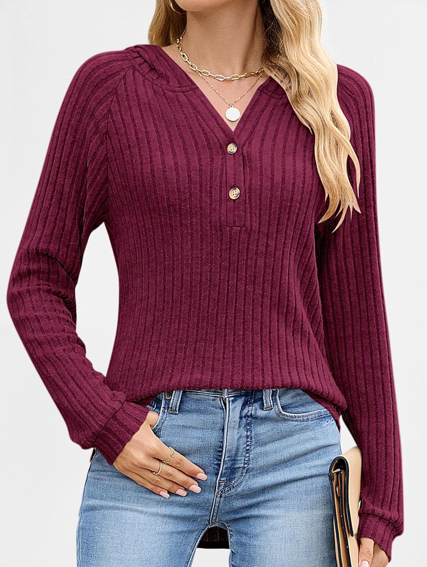 Solid color V-neck button loose hooded knit top_CWTBLL02049