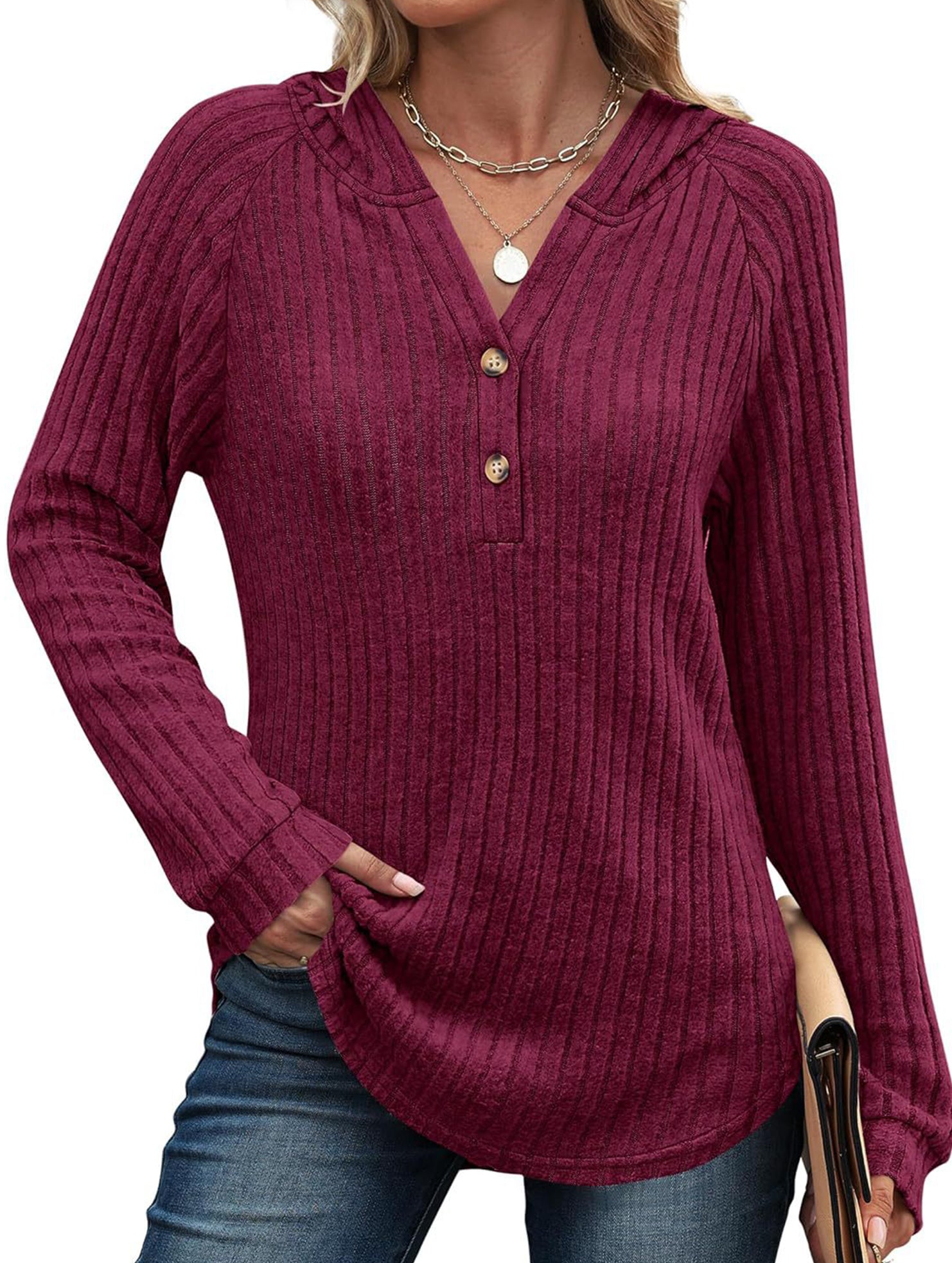 Solid color V-neck button loose hooded knit top_CWTBLL02049