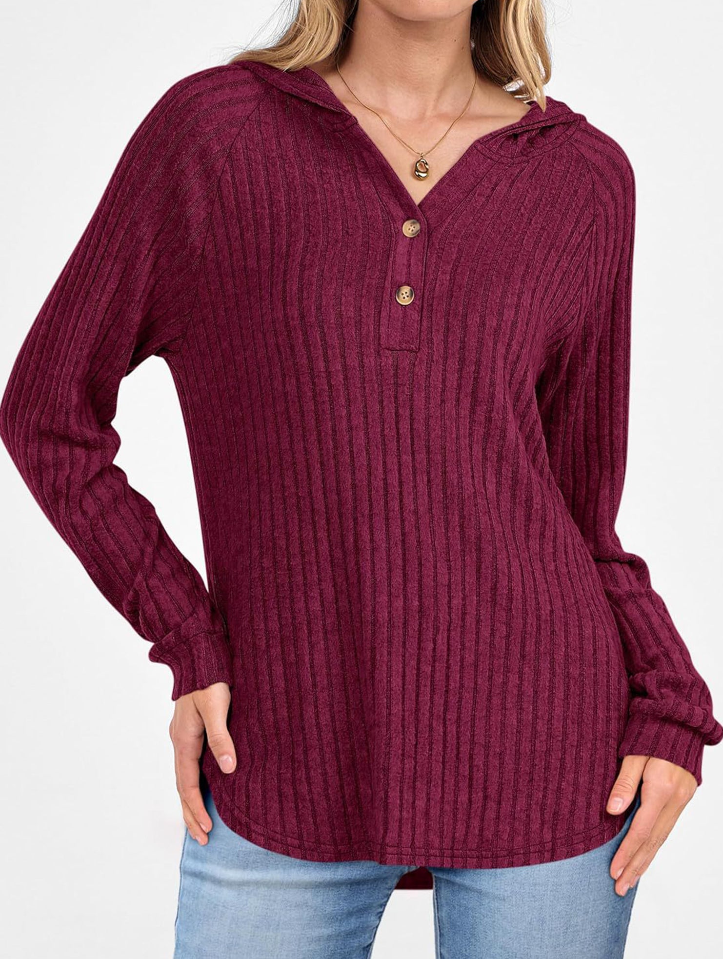Solid color V-neck button loose hooded knit top_CWTBLL02049