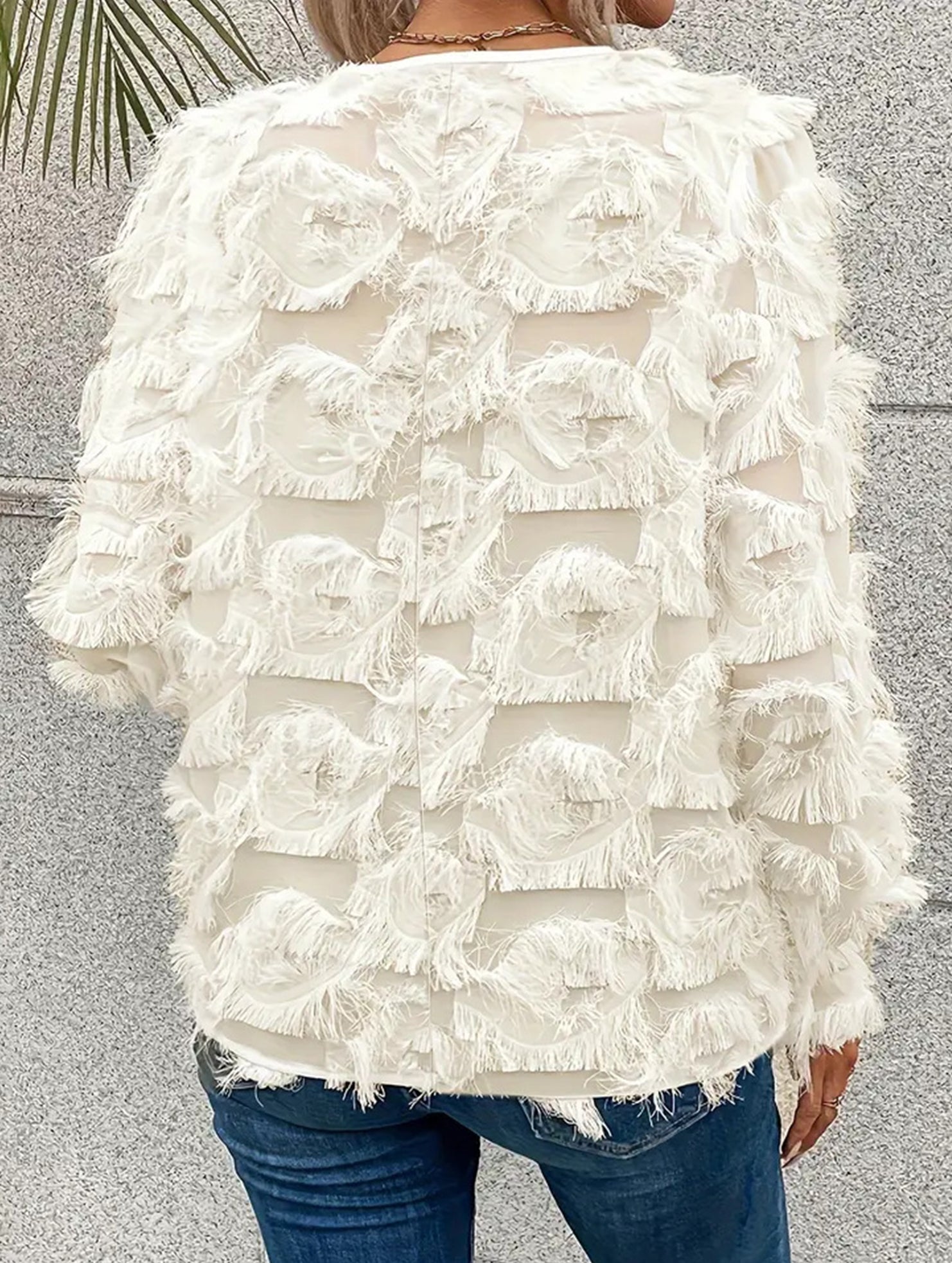 Fringe Ruffle Sleeve Shimmer Blouse_CWTBLL02119