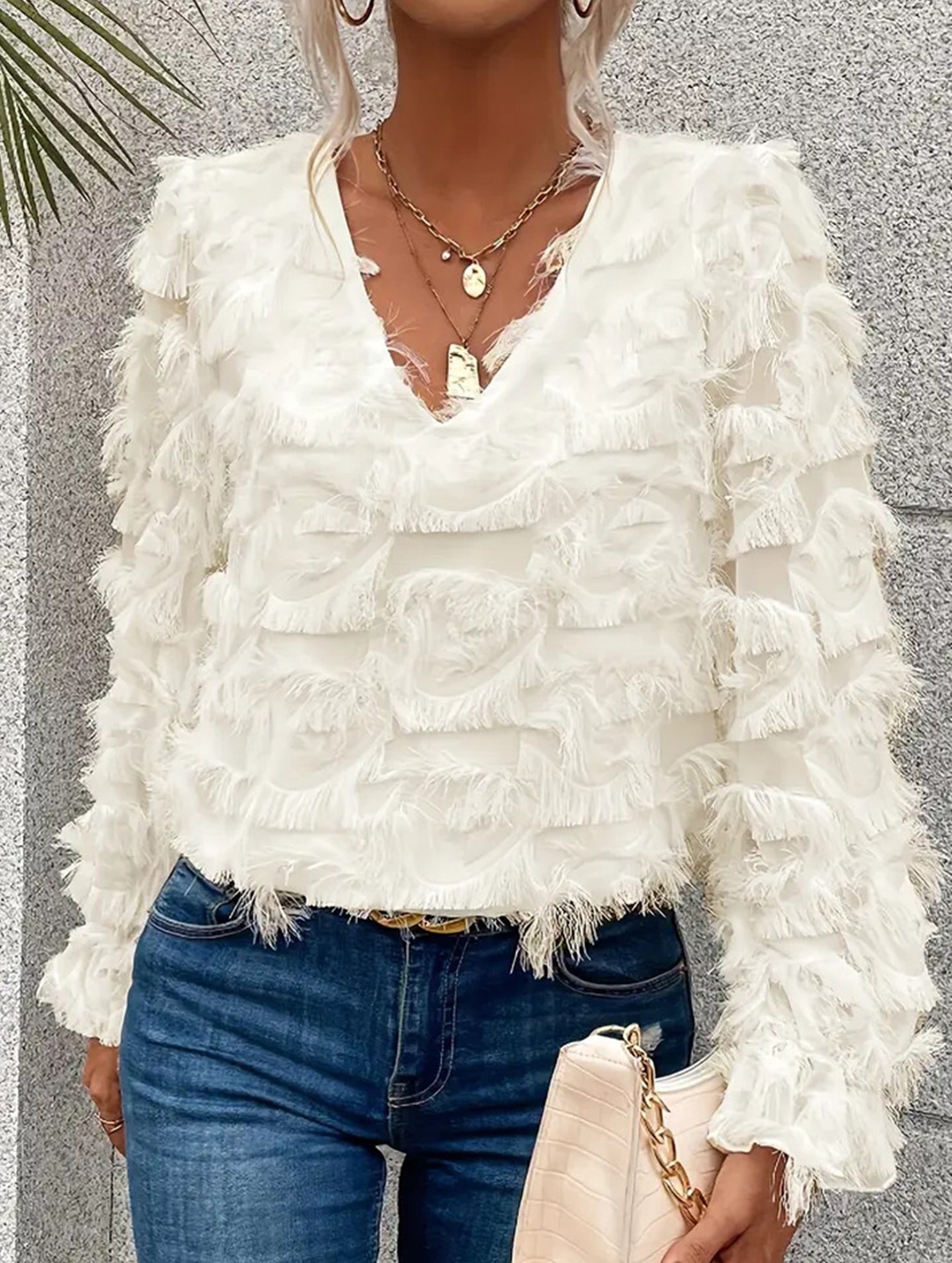 Fringe Ruffle Sleeve Shimmer Blouse_CWTBLL02119