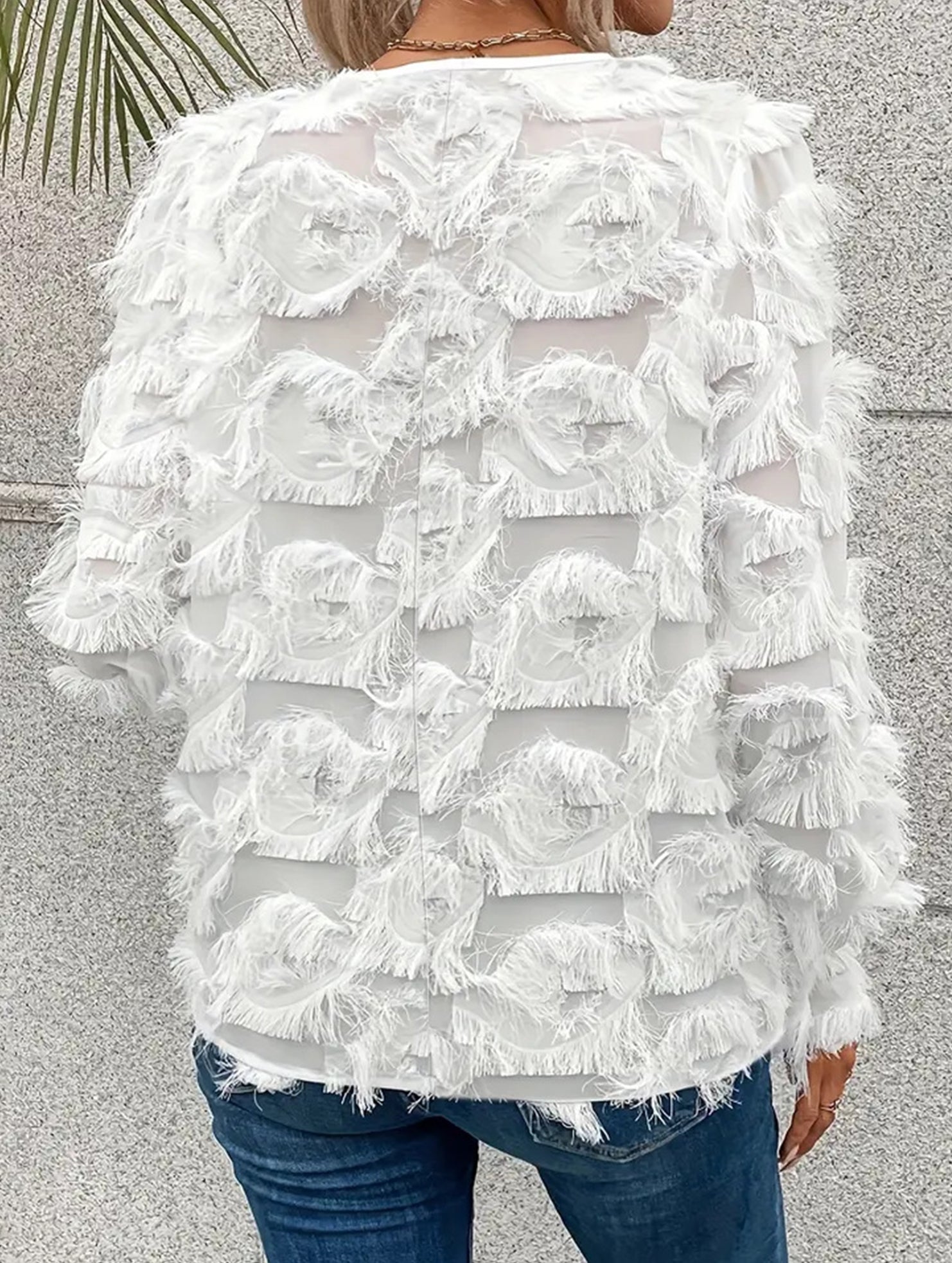 Fringe Ruffle Sleeve Shimmer Blouse_CWTBLL02119