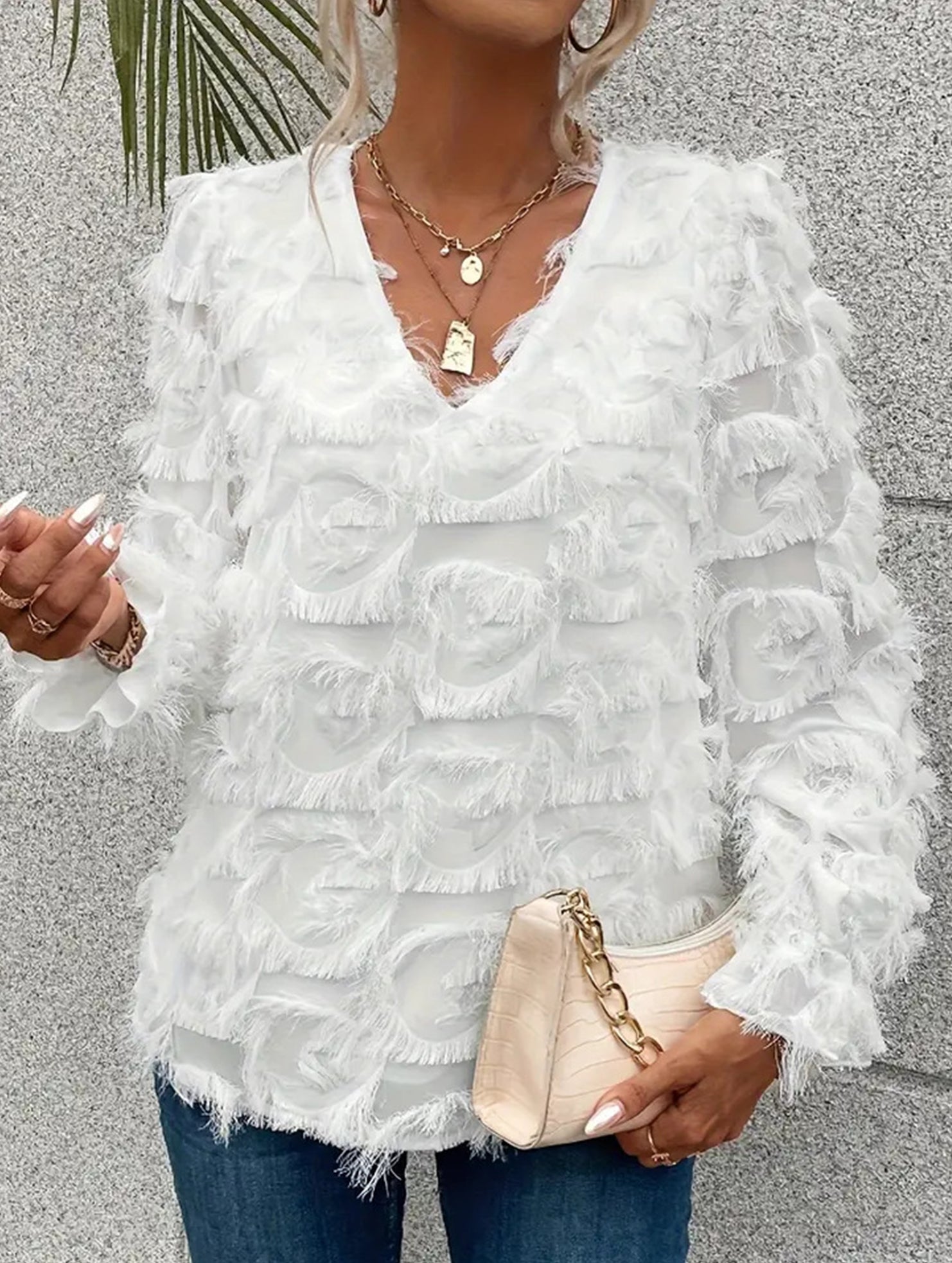 Fringe Ruffle Sleeve Shimmer Blouse_CWTBLL02119