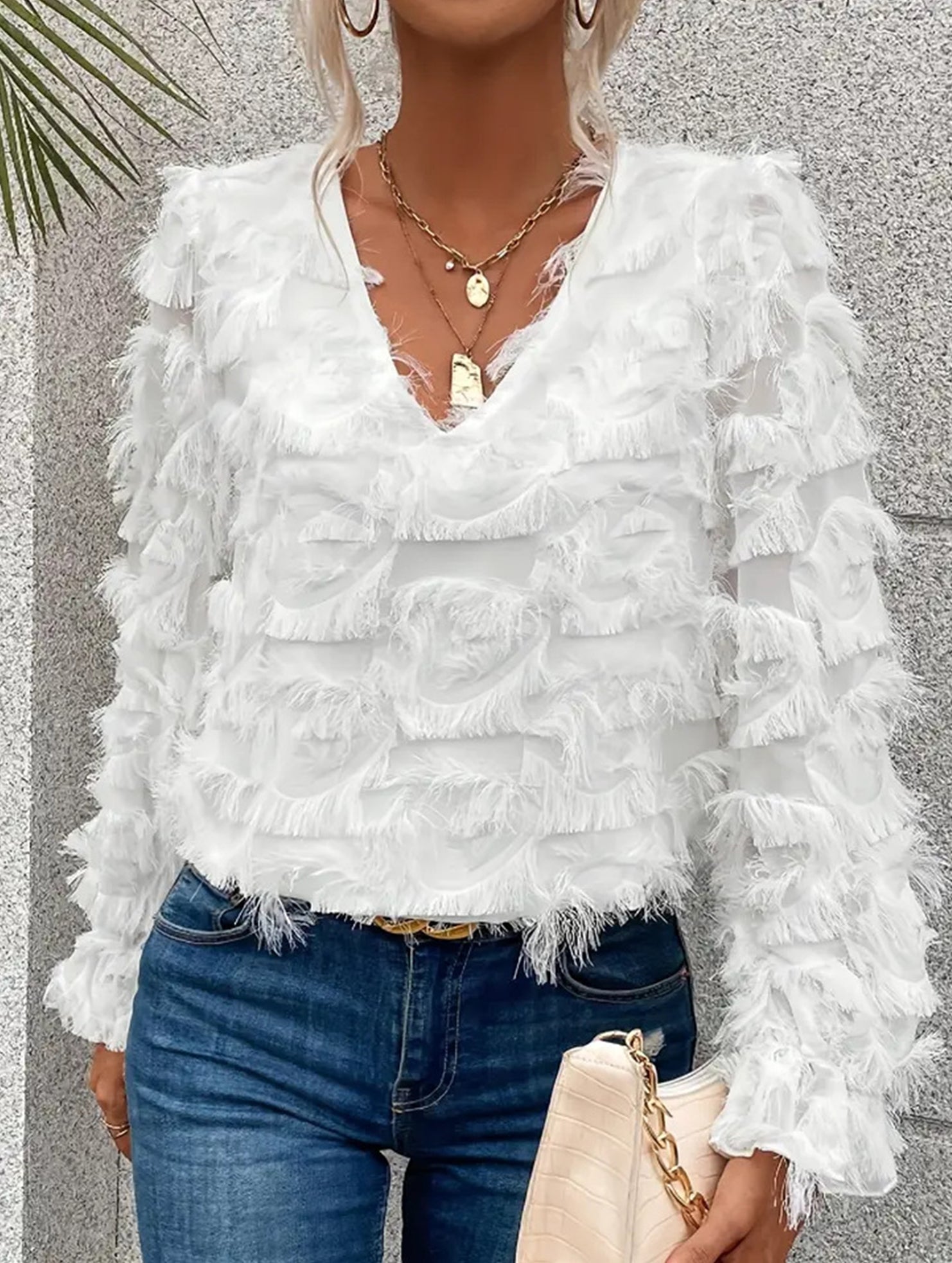 Fringe Ruffle Sleeve Shimmer Blouse_CWTBLL02119