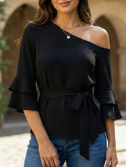 Denim Look One Shoulder Tie Blouse_CWTBLL02120