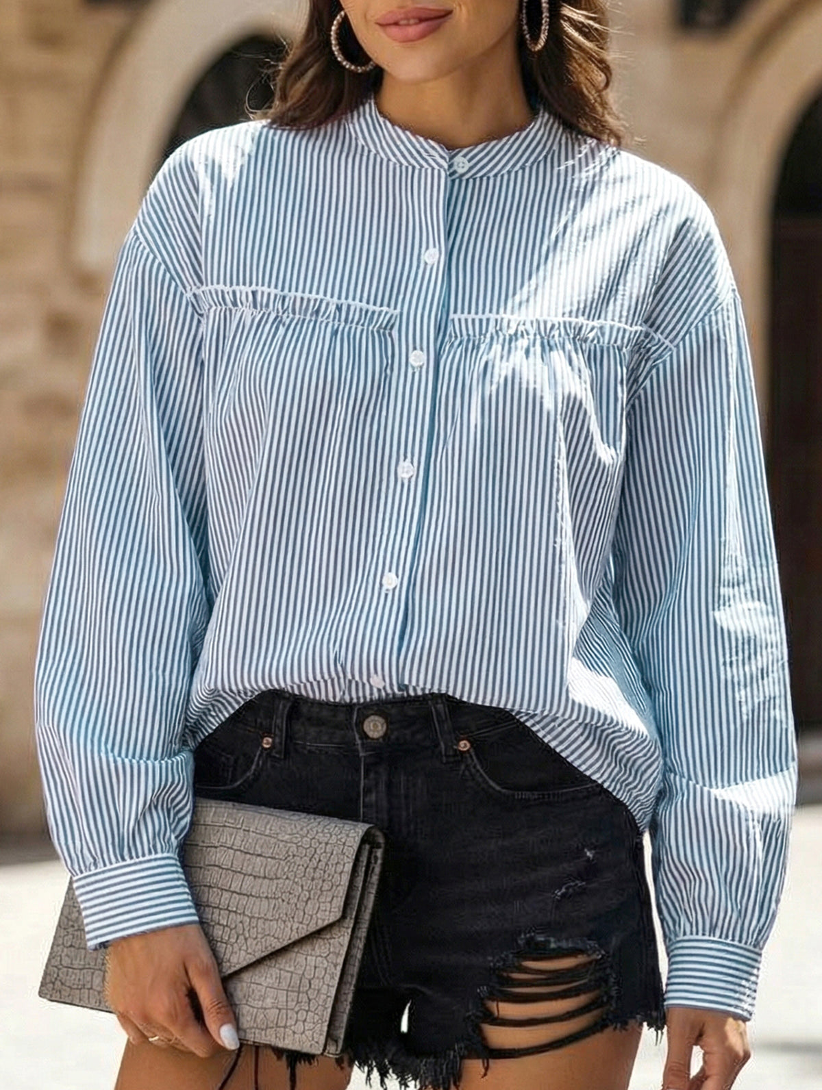 Ruffle Lantern Sleeve Button Shirt_CWTBLL02124