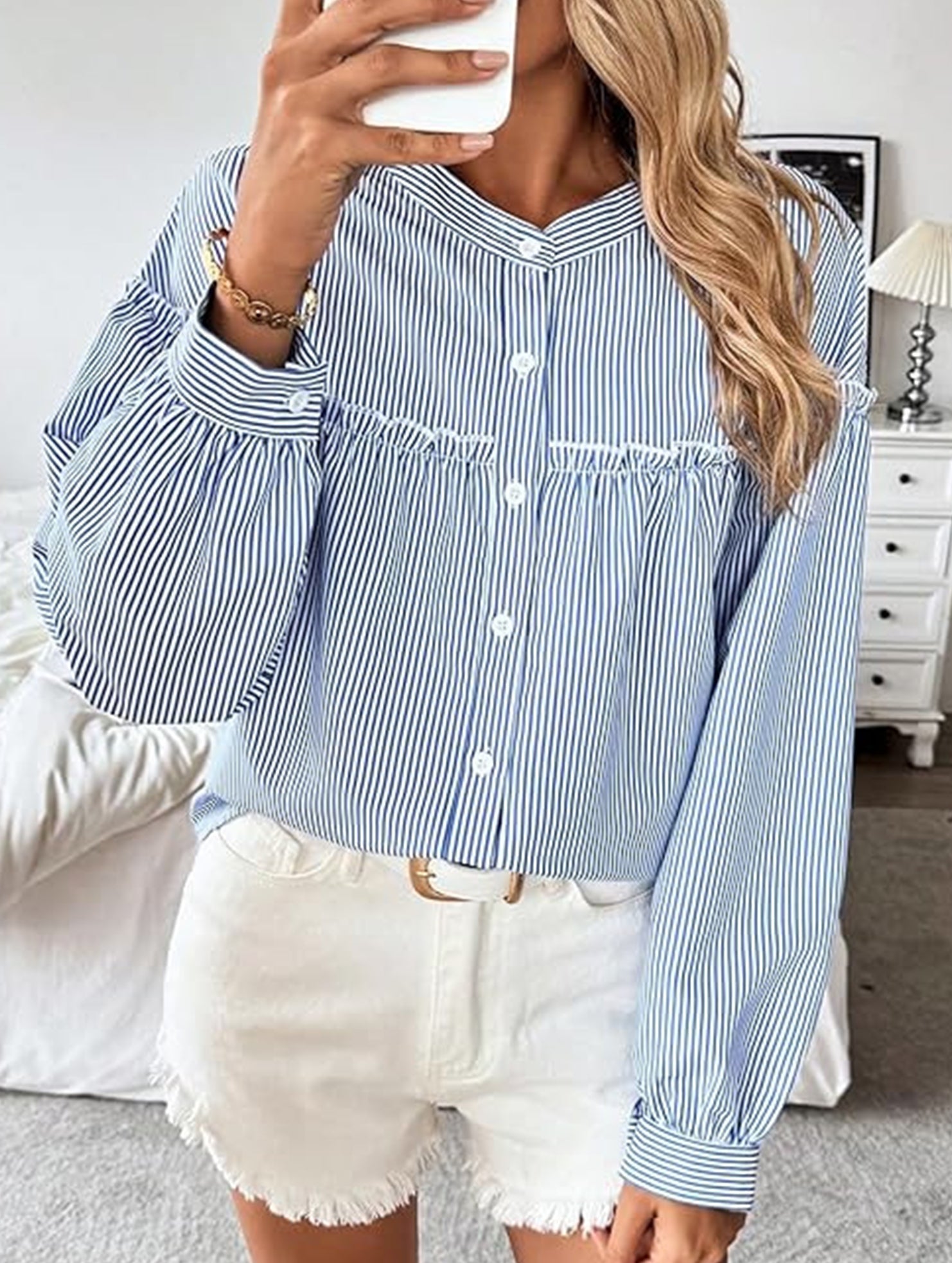 Ruffle Lantern Sleeve Button Shirt_CWTBLL02124