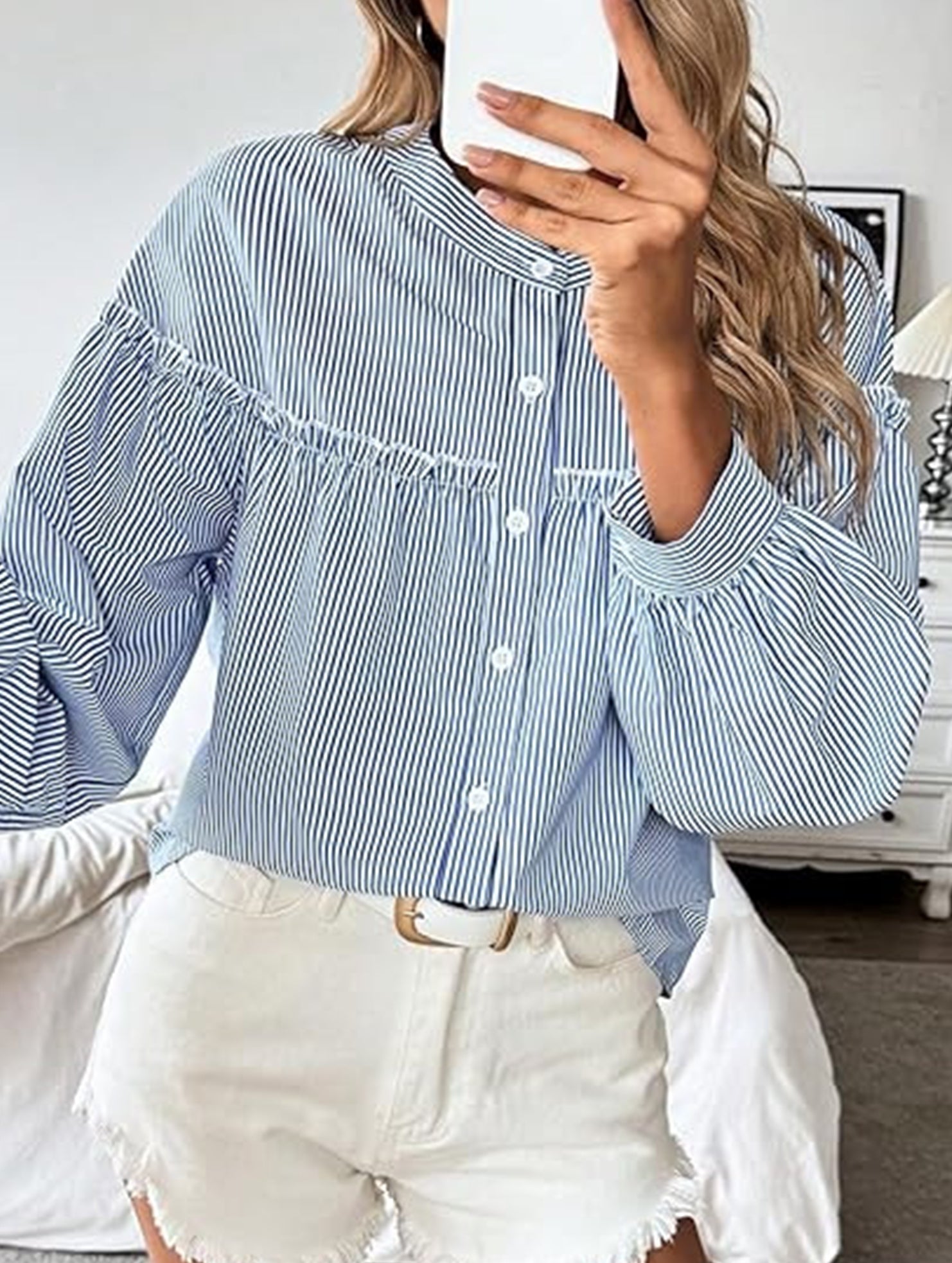 Ruffle Lantern Sleeve Button Shirt_CWTBLL02124