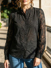 Elegant Lace Stand Collar Long Sleeve Black Shirt_CWTBLL02151