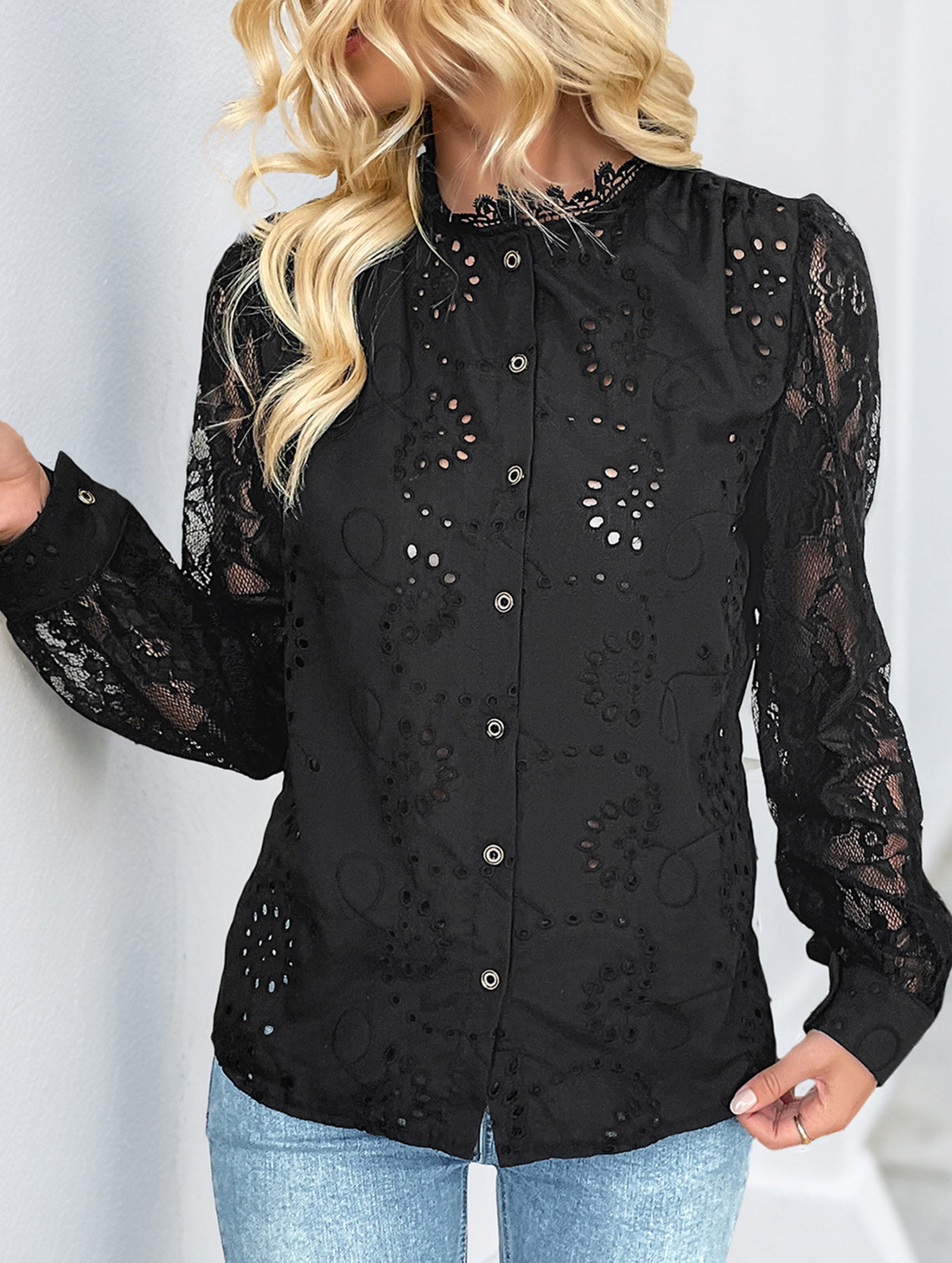 Elegant Lace Stand Collar Long Sleeve Black Shirt_CWTBLL02151