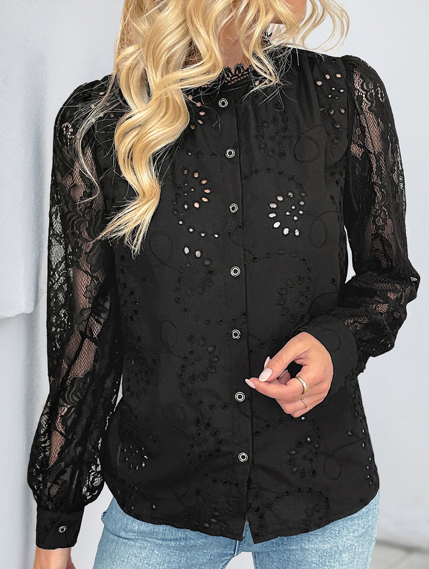 Elegant Lace Stand Collar Long Sleeve Black Shirt_CWTBLL02151